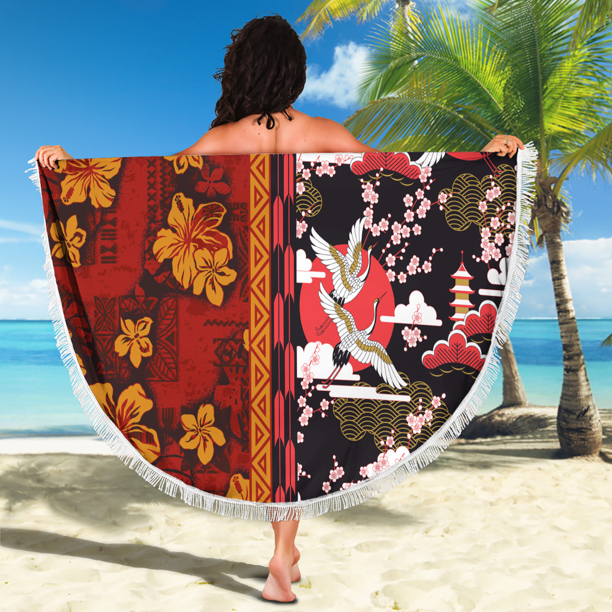 Japanese Culture Hawaii Style Beach Blanket Hawaiian Tribal and Japanese Pattern Together Culture LT03 - Polynesian Pride