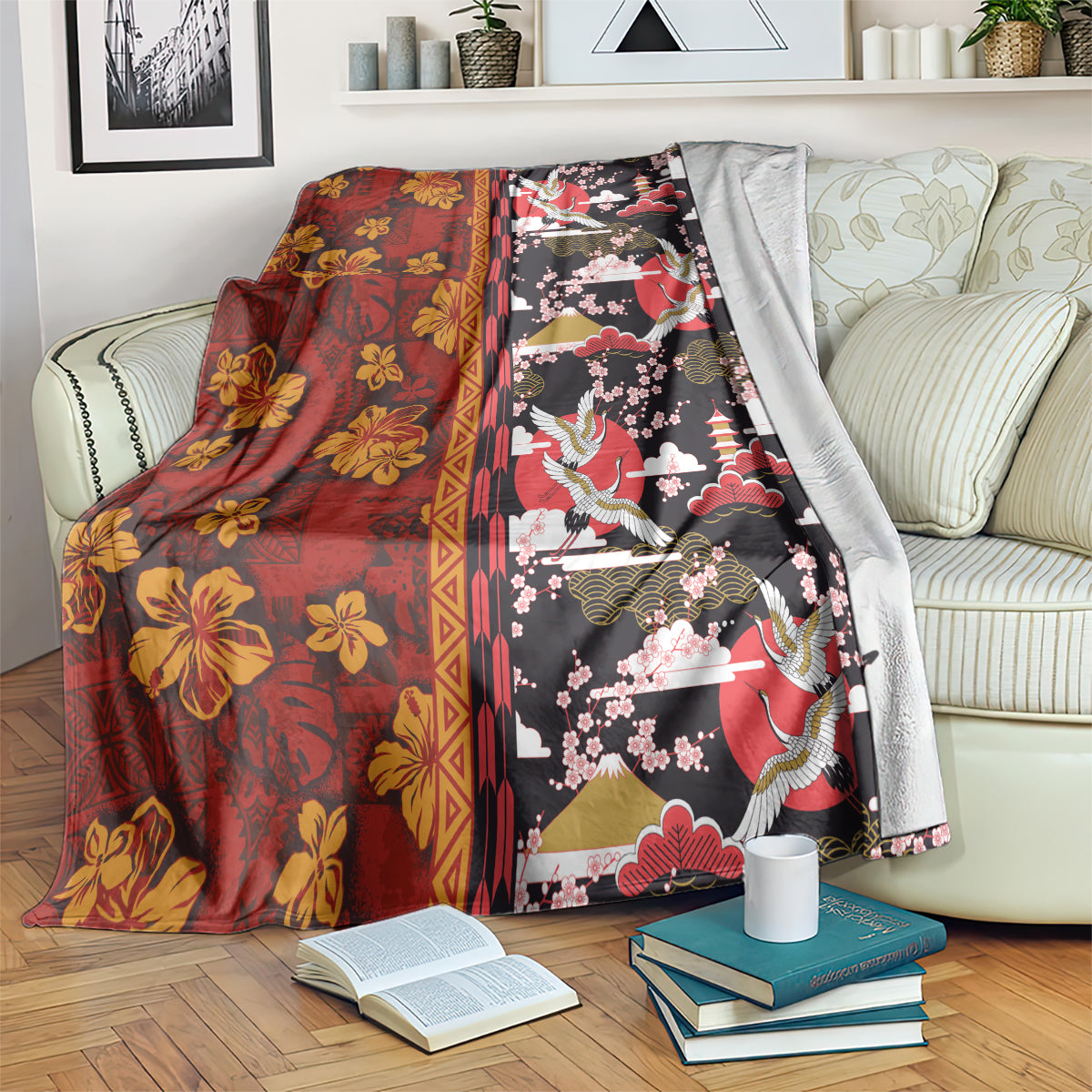 Japanese Culture Hawaii Style Blanket Hawaiian Tribal and Japanese Pattern Together Culture LT03 Red - Polynesian Pride