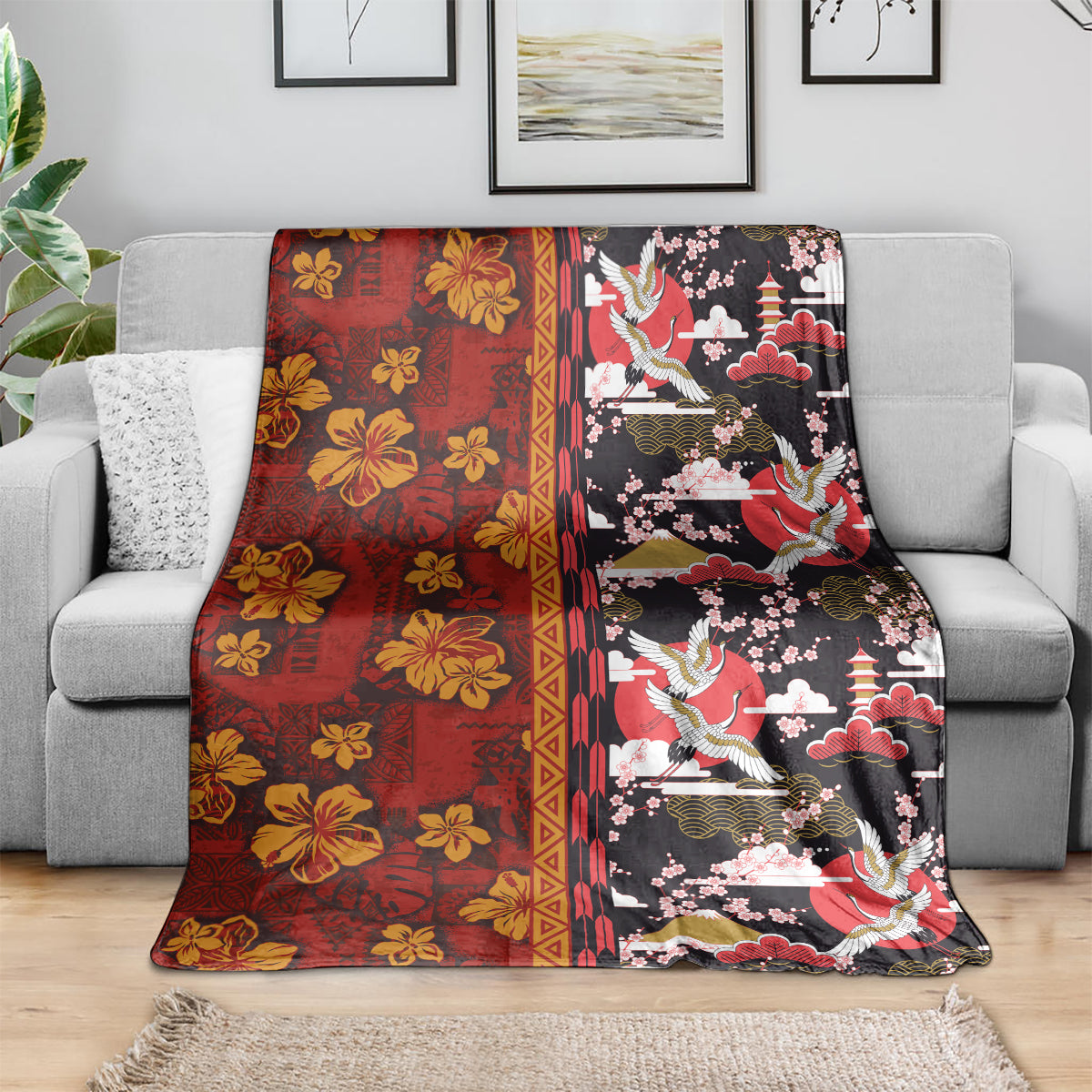 Japanese Culture Hawaii Style Blanket Hawaiian Tribal and Japanese Pattern Together Culture LT03 - Polynesian Pride