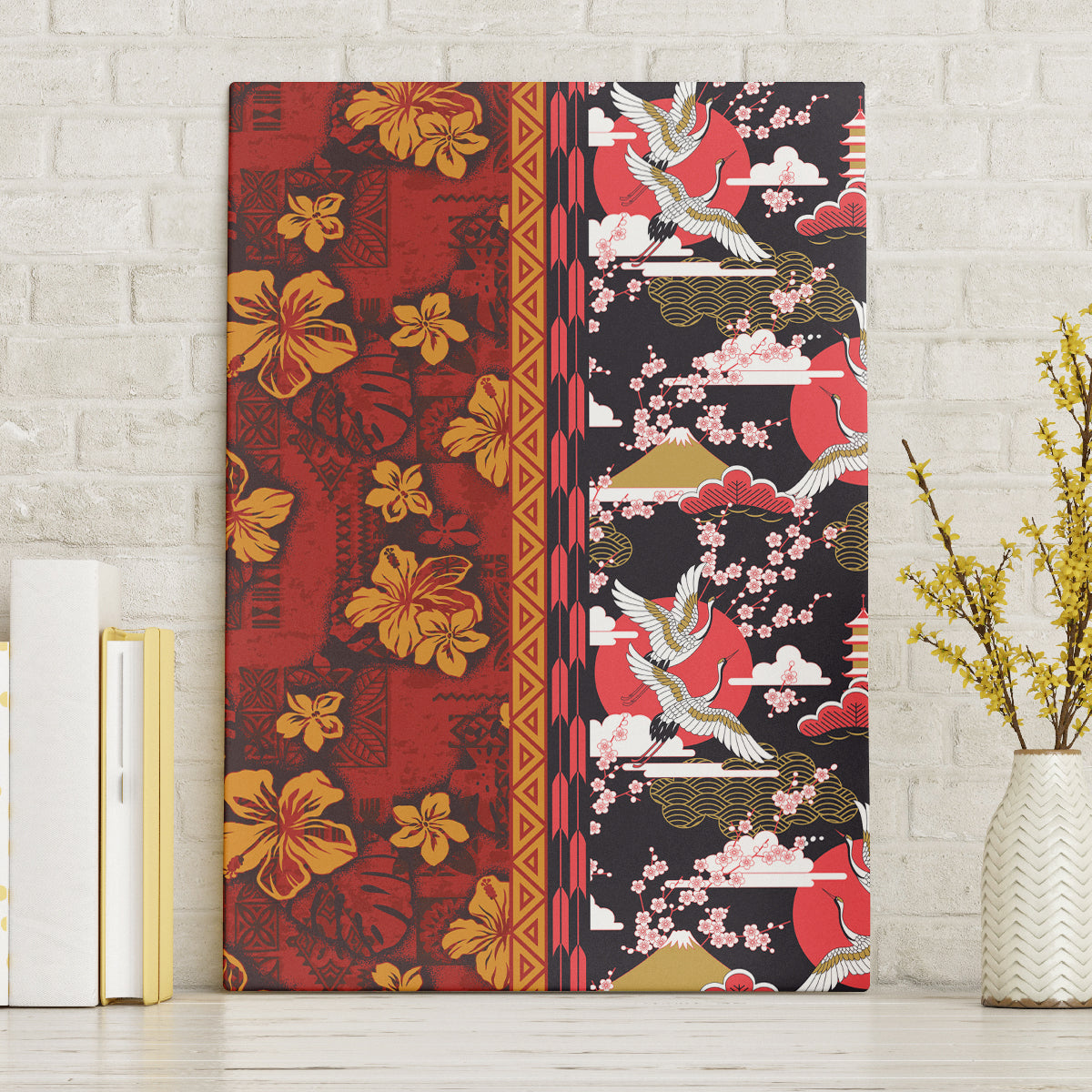 Japanese Culture Hawaii Style Canvas Wall Art Hawaiian Tribal and Japanese Pattern Together Culture LT03 Without Frame Red - Polynesian Pride