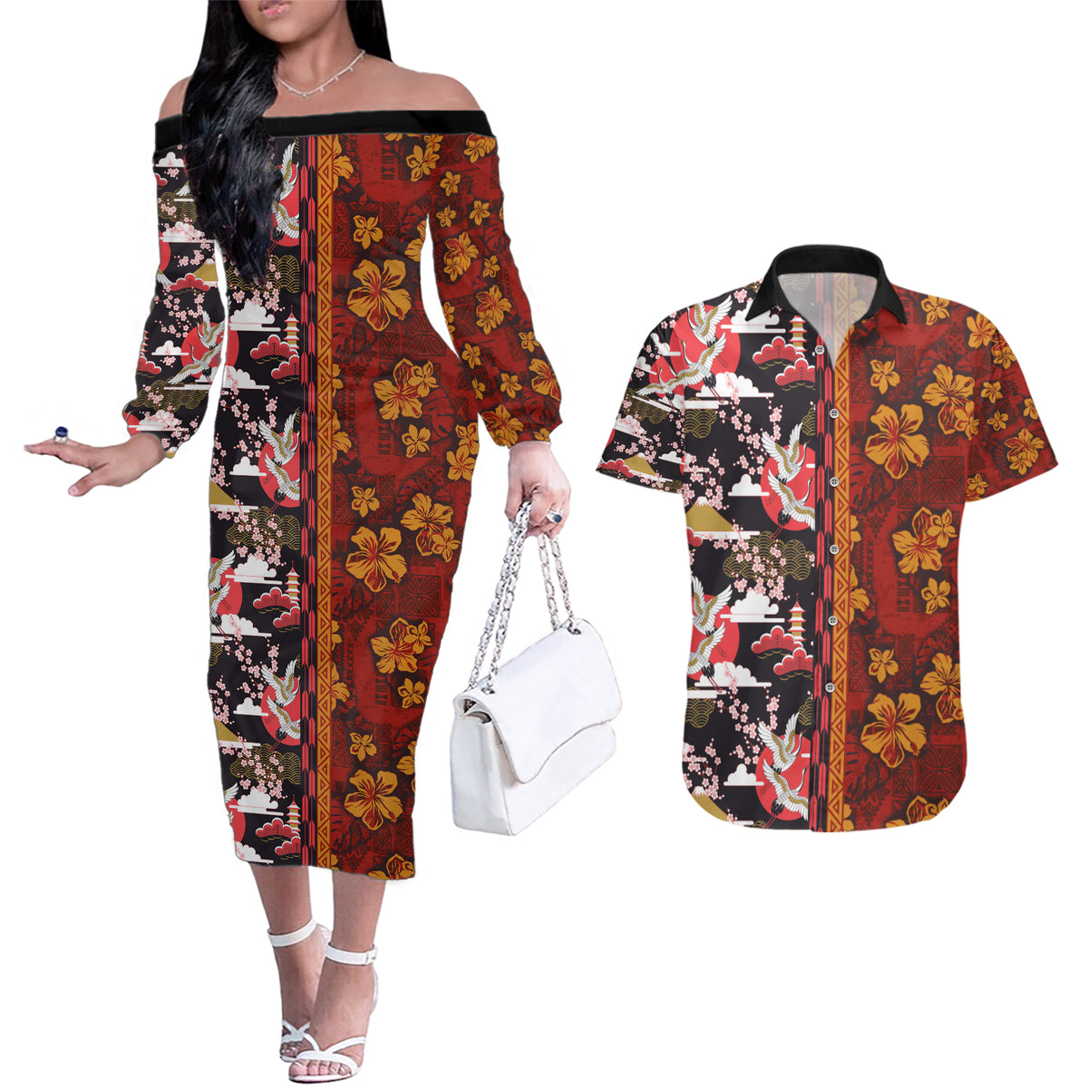Pan-Pacific Festival Couples Matching Off The Shoulder Long Sleeve Dress and Hawaiian Shirt Hawaiian Tribal and Japanese Pattern Together Culture