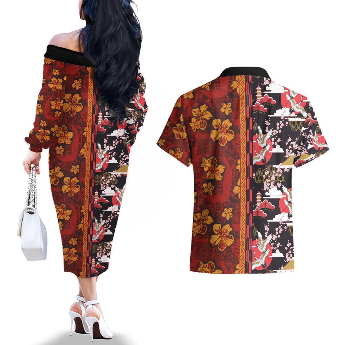 Pan-Pacific Festival Couples Matching Off The Shoulder Long Sleeve Dress and Hawaiian Shirt Hawaiian Tribal and Japanese Pattern Together Culture