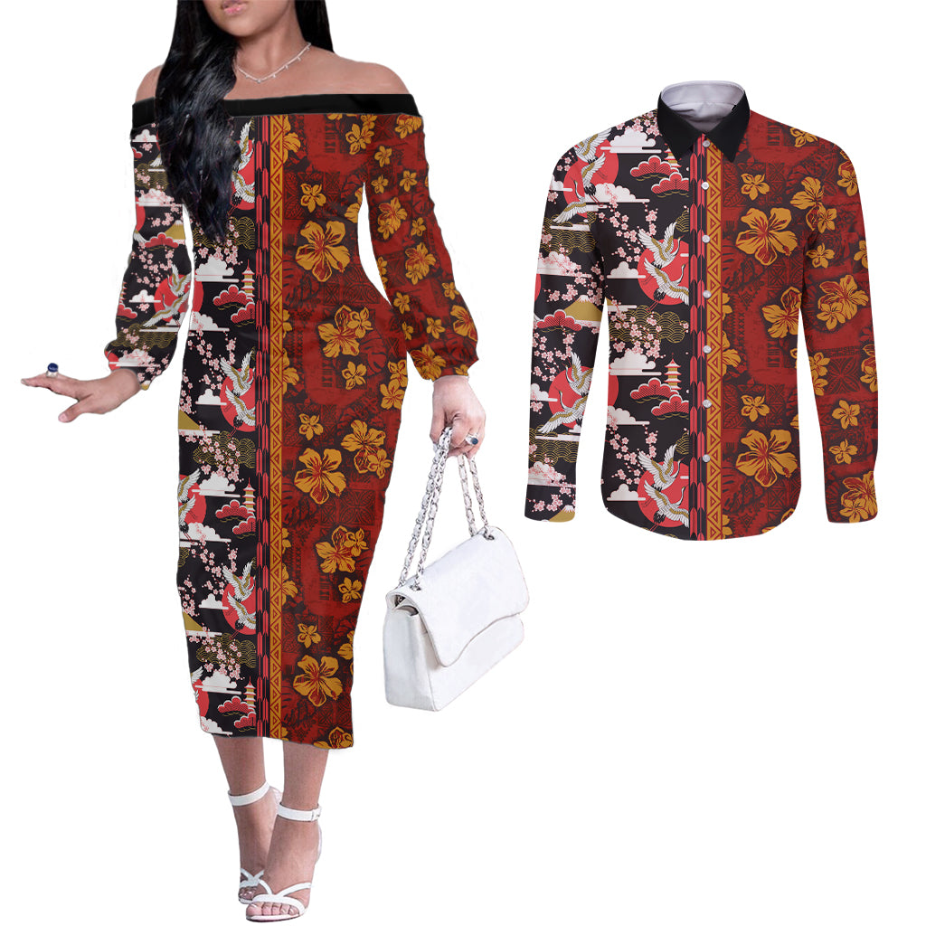 Pan-Pacific Festival Couples Matching Off The Shoulder Long Sleeve Dress and Long Sleeve Button Shirt Hawaiian Tribal and Japanese Pattern Together Culture