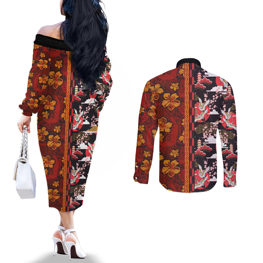 Pan-Pacific Festival Couples Matching Off The Shoulder Long Sleeve Dress and Long Sleeve Button Shirt Hawaiian Tribal and Japanese Pattern Together Culture