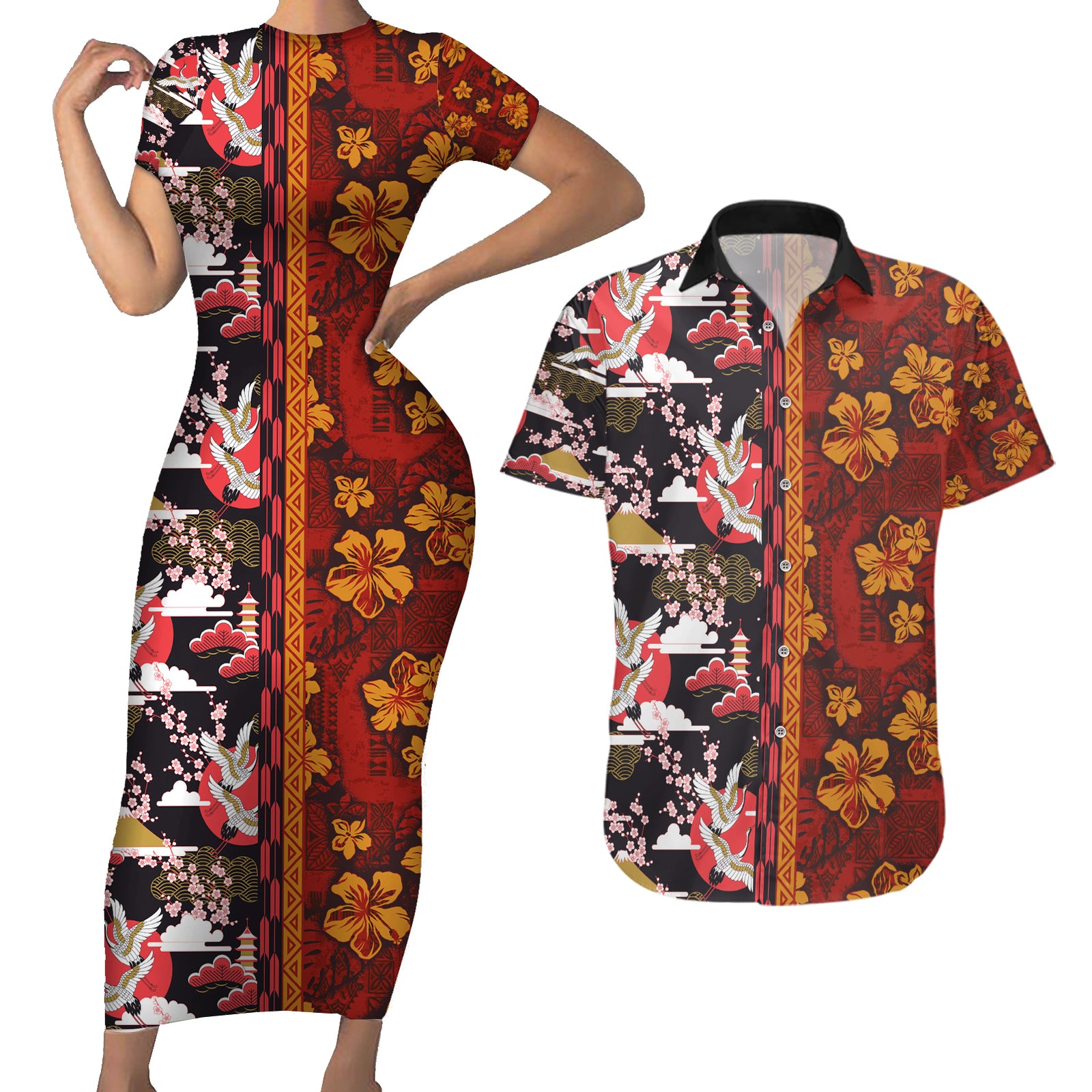 Japanese Culture Hawaii Style Couples Matching Short Sleeve Bodycon Dress and Hawaiian Shirt Hawaiian Tribal and Japanese Pattern Together Culture LT03 Red - Polynesian Pride