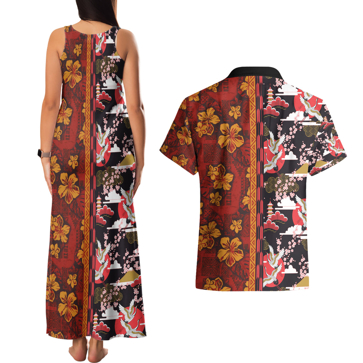 Pan-Pacific Festival Couples Matching Tank Maxi Dress and Hawaiian Shirt Hawaiian Tribal and Japanese Pattern Together Culture