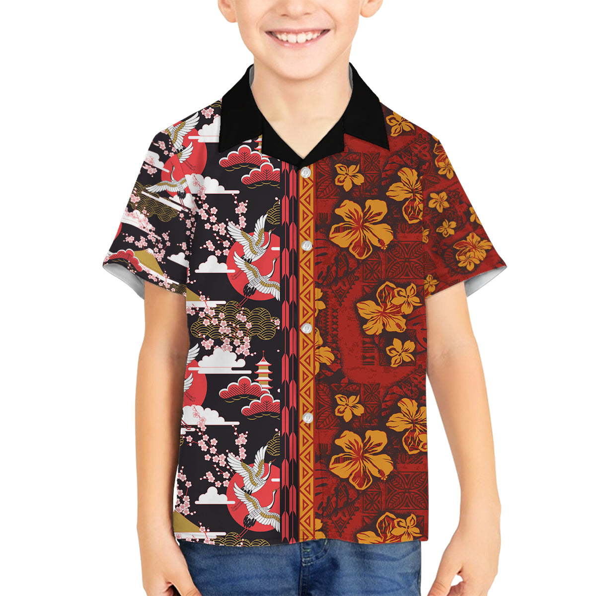 Pan-Pacific Festival Family Matching Long Sleeve Bodycon Dress and Hawaiian Shirt Hawaiian Tribal and Japanese Pattern Together Culture