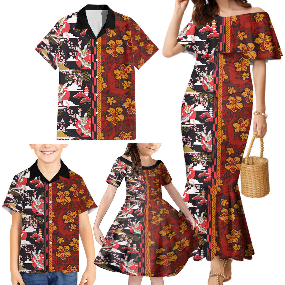 Pan-Pacific Festival Family Matching Mermaid Dress and Hawaiian Shirt Hawaiian Tribal and Japanese Pattern Together Culture