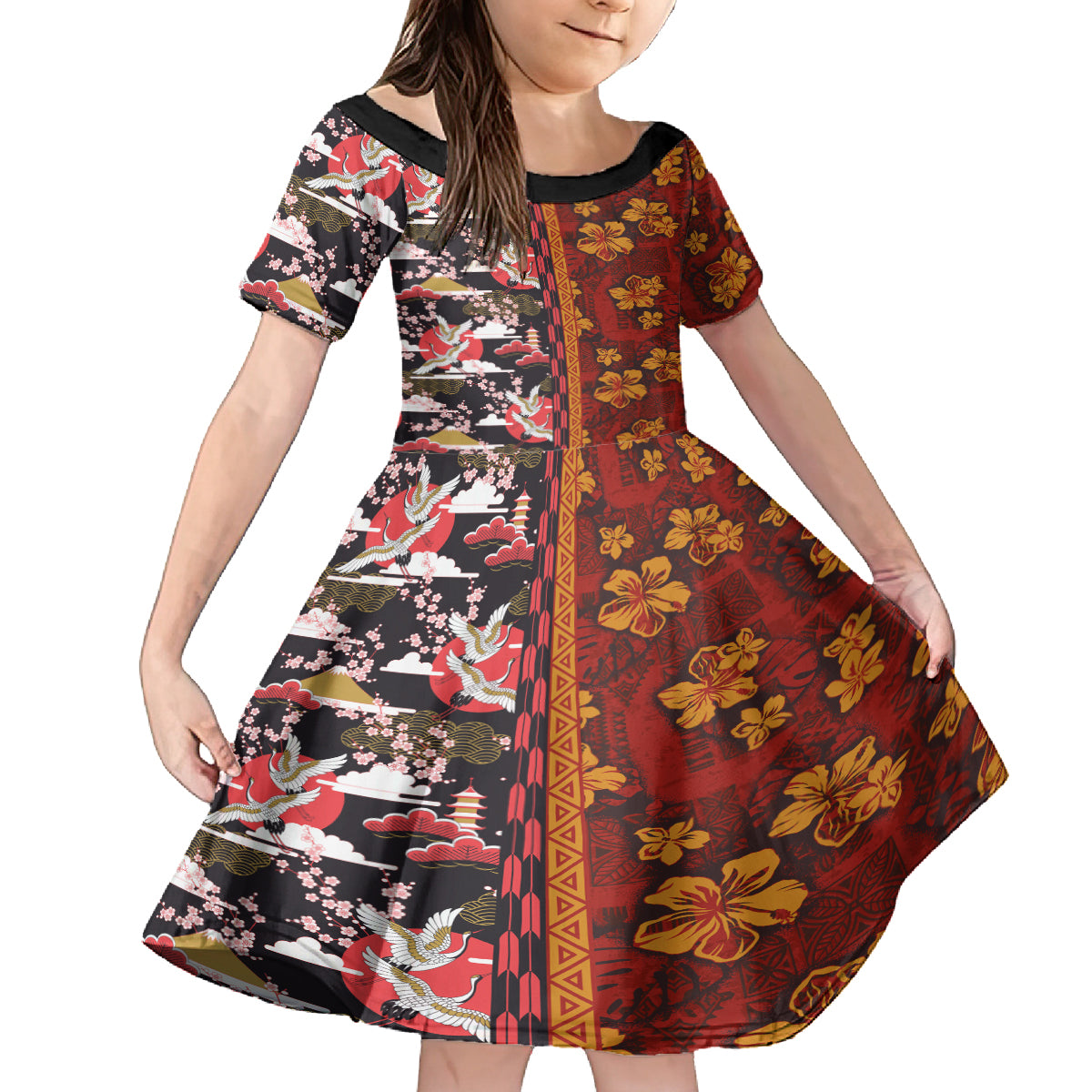 Japanese Culture Hawaii Style Family Matching Off The Shoulder Long Sleeve Dress and Hawaiian Shirt Hawaiian Tribal and Japanese Pattern Together Culture LT03 Daughter's Dress Red - Polynesian Pride