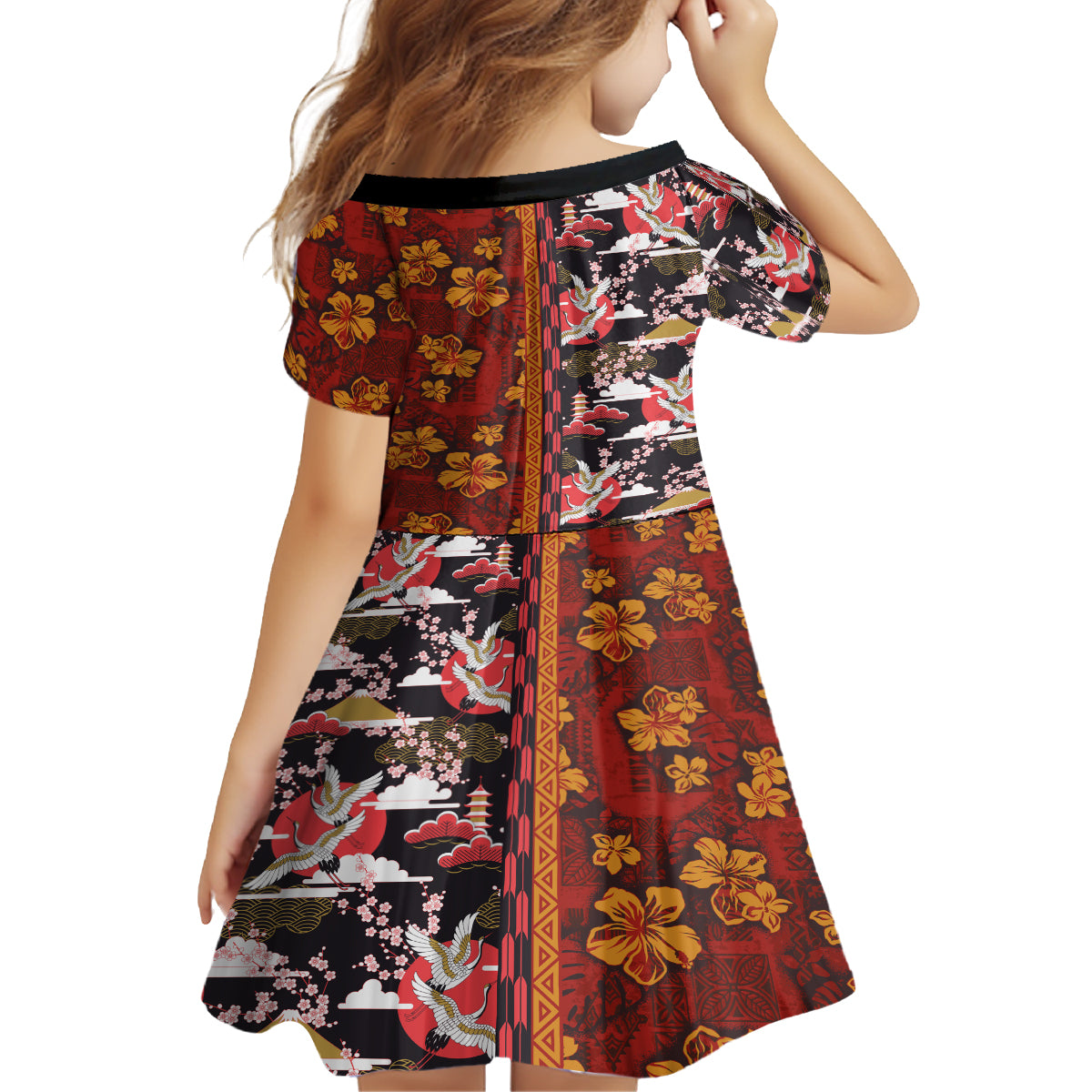 Japanese Culture Hawaii Style Family Matching Off The Shoulder Long Sleeve Dress and Hawaiian Shirt Hawaiian Tribal and Japanese Pattern Together Culture LT03 - Polynesian Pride