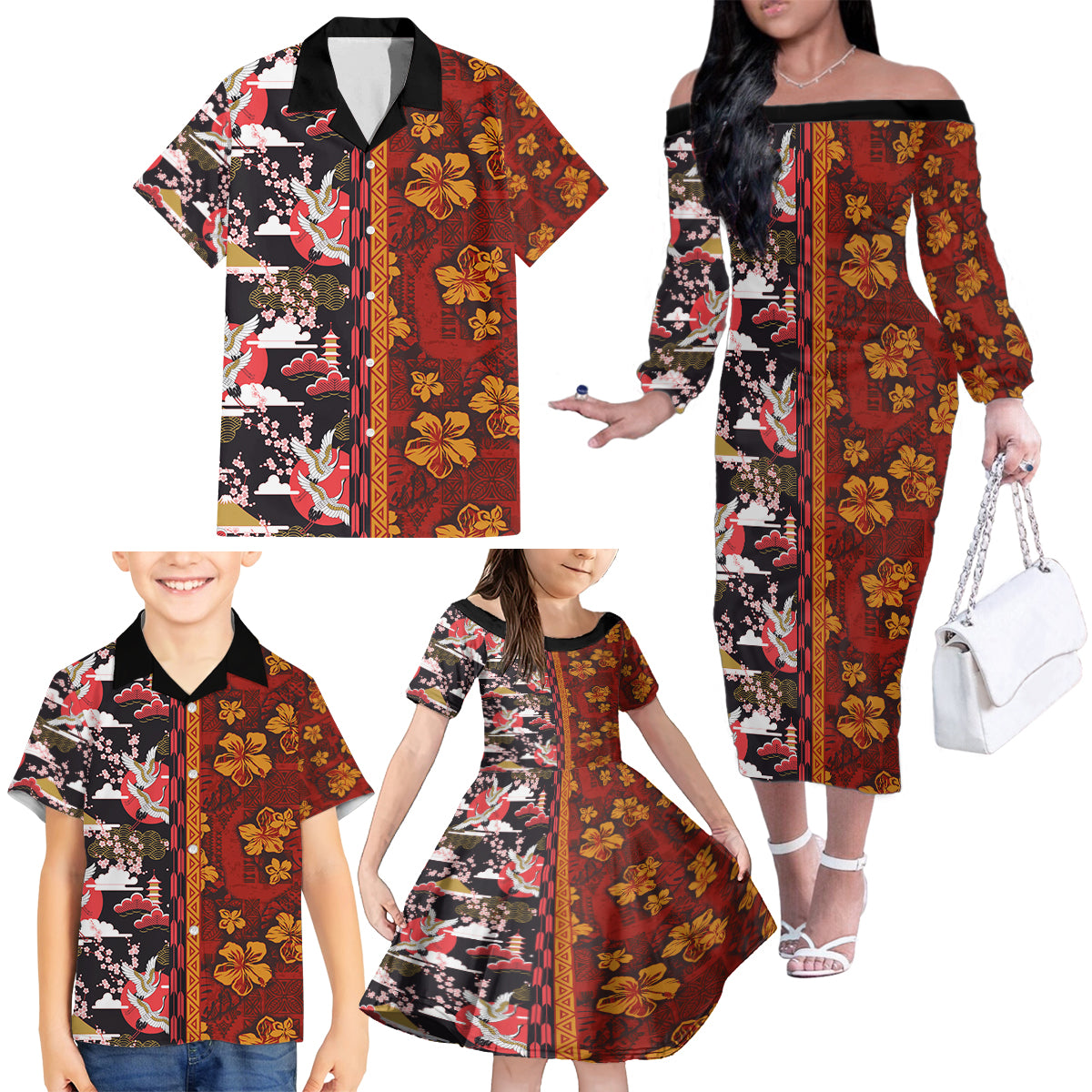 Pan-Pacific Festival Family Matching Off The Shoulder Long Sleeve Dress and Hawaiian Shirt Hawaiian Tribal and Japanese Pattern Together Culture