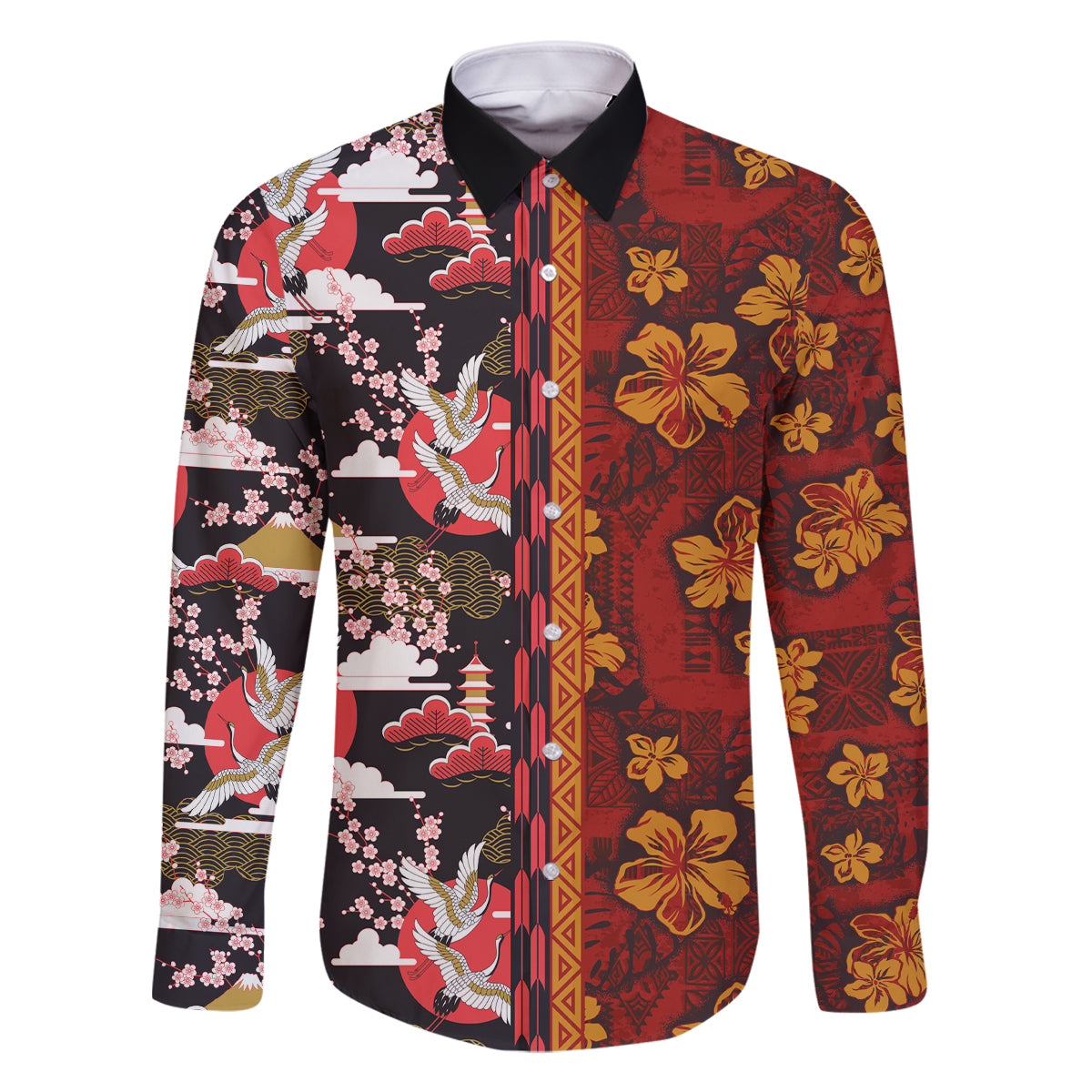 Japanese Culture Hawaii Style Family Matching Off The Shoulder Long Sleeve Dress and Hawaiian Shirt Hawaiian Tribal and Japanese Pattern Together Culture LT03 Dad's Shirt - Long Sleeve Red - Polynesian Pride