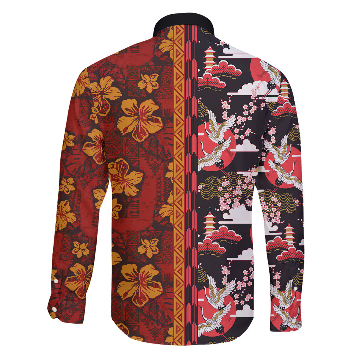 Japanese Culture Hawaii Style Family Matching Off The Shoulder Long Sleeve Dress and Hawaiian Shirt Hawaiian Tribal and Japanese Pattern Together Culture LT03 - Polynesian Pride