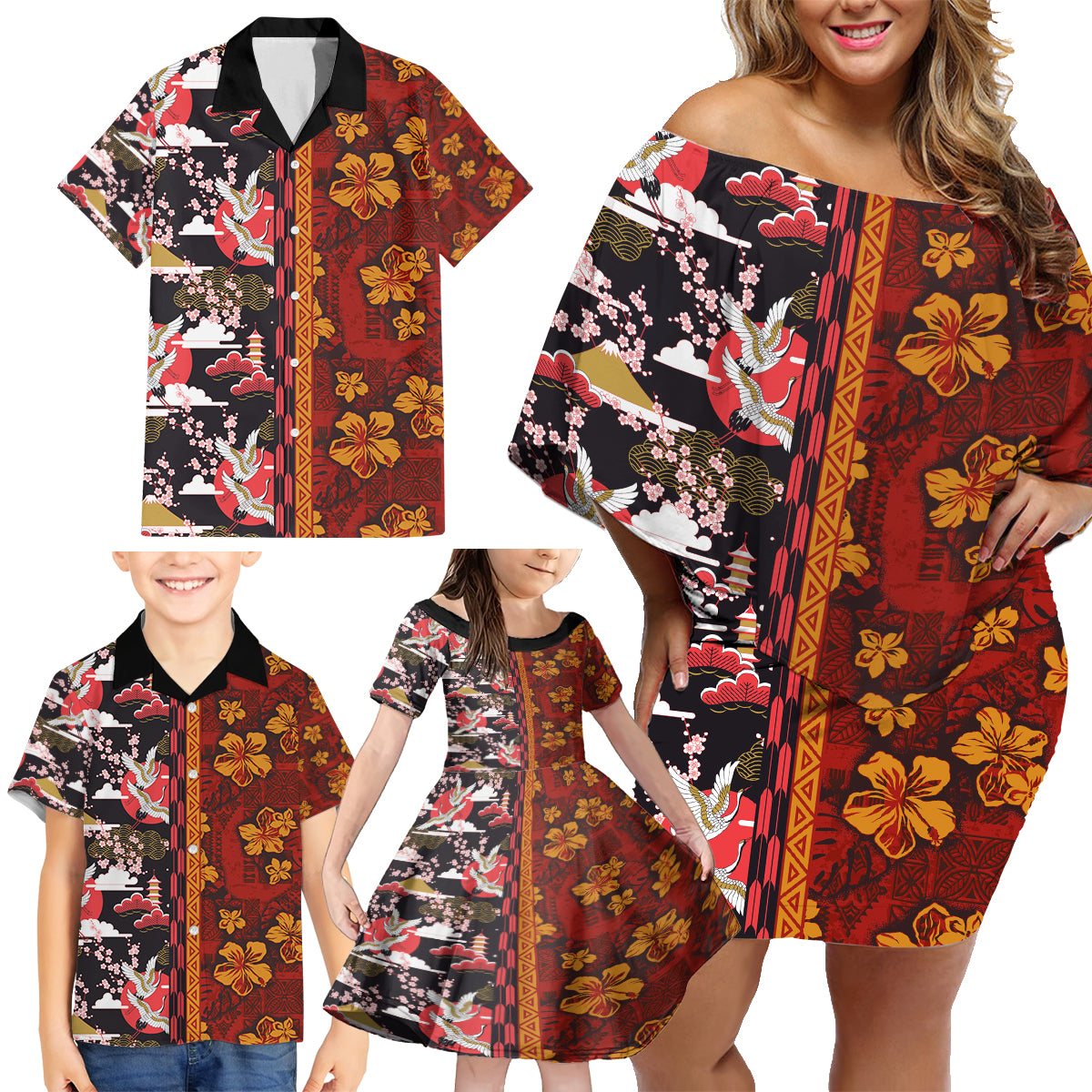 Japanese Culture Hawaii Style Family Matching Off Shoulder Short Dress and Hawaiian Shirt Hawaiian Tribal and Japanese Pattern Together Culture LT03 - Polynesian Pride