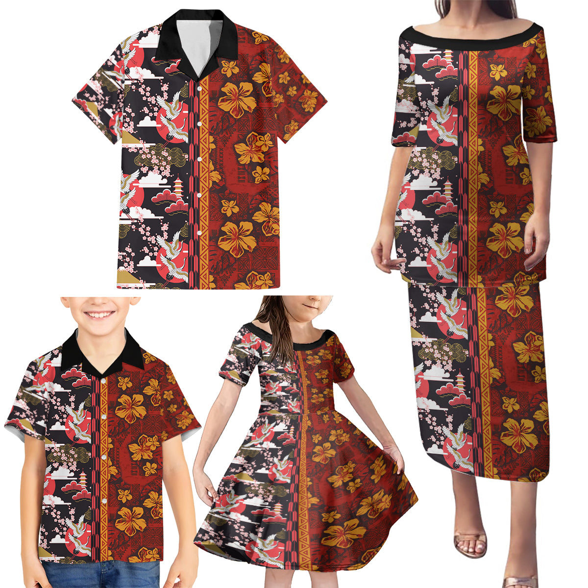 Pan-Pacific Festival Family Matching Puletasi and Hawaiian Shirt Hawaiian Tribal and Japanese Pattern Together Culture