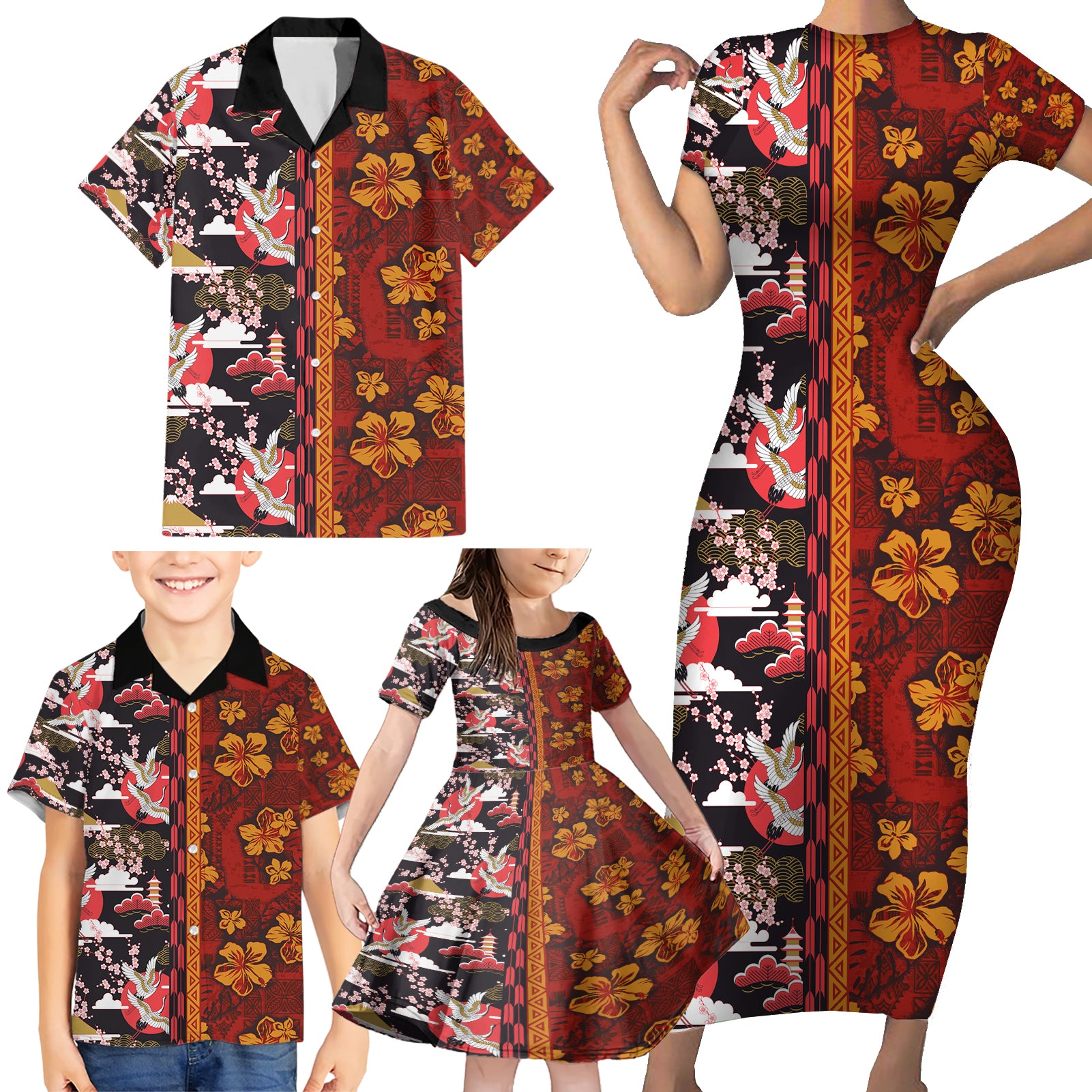 Pan-Pacific Festival Family Matching Short Sleeve Bodycon Dress and Hawaiian Shirt Hawaiian Tribal and Japanese Pattern Together Culture