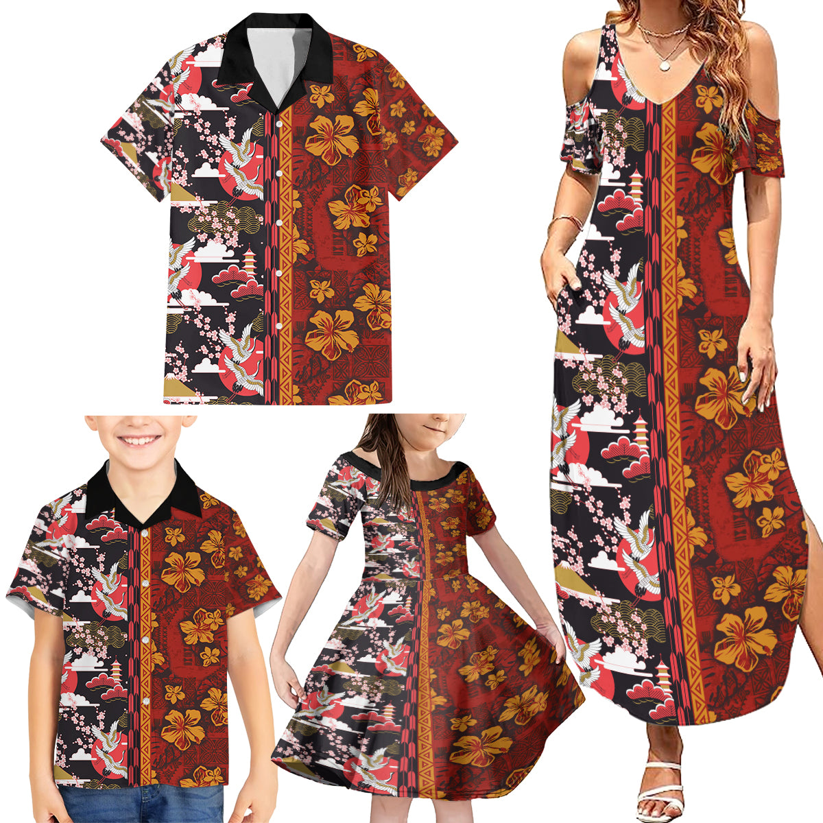 Japanese Culture Hawaii Style Family Matching Summer Maxi Dress and Hawaiian Shirt Hawaiian Tribal and Japanese Pattern Together Culture LT03 - Polynesian Pride