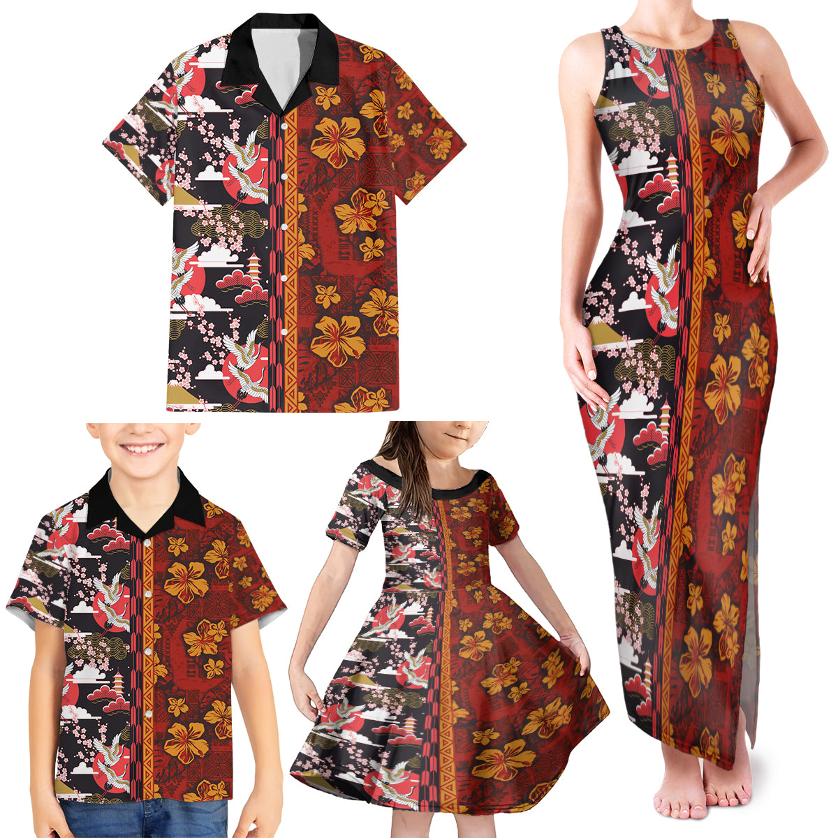 Japanese Culture Hawaii Style Family Matching Tank Maxi Dress and Hawaiian Shirt Hawaiian Tribal and Japanese Pattern Together Culture LT03 - Polynesian Pride