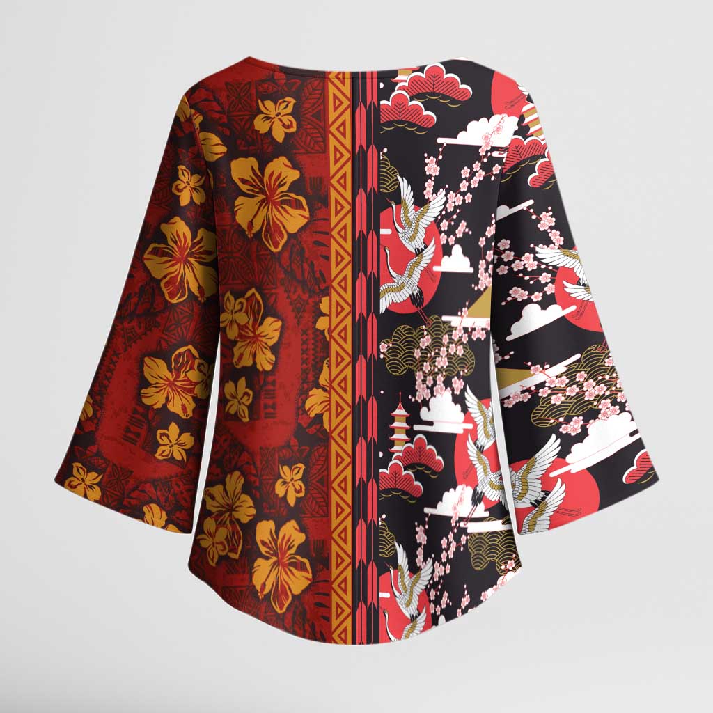 Japanese Culture Hawaii Style Kimono Sleeve Blouse Hawaiian Tribal and Japanese Pattern Together Culture - Polynesian Pride