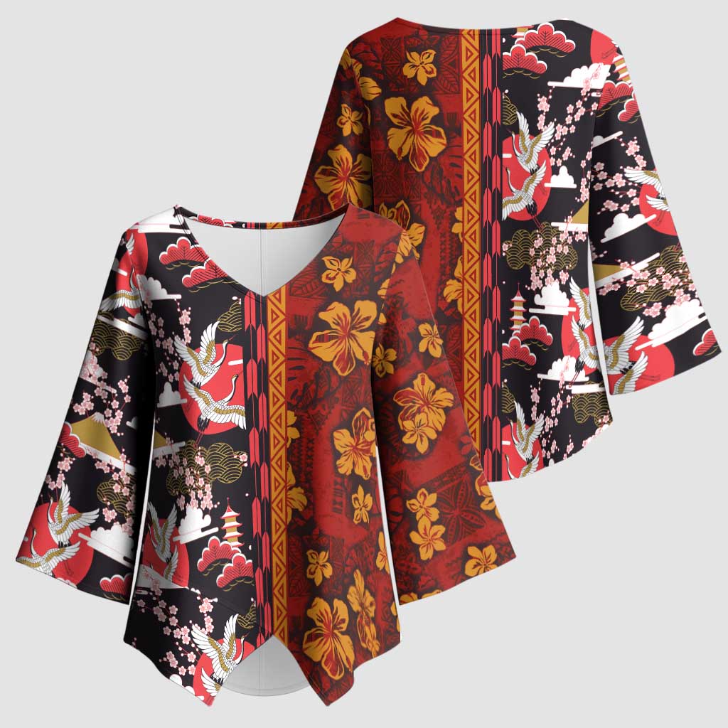 Japanese Culture Hawaii Style Kimono Sleeve Blouse Hawaiian Tribal and Japanese Pattern Together Culture - Polynesian Pride