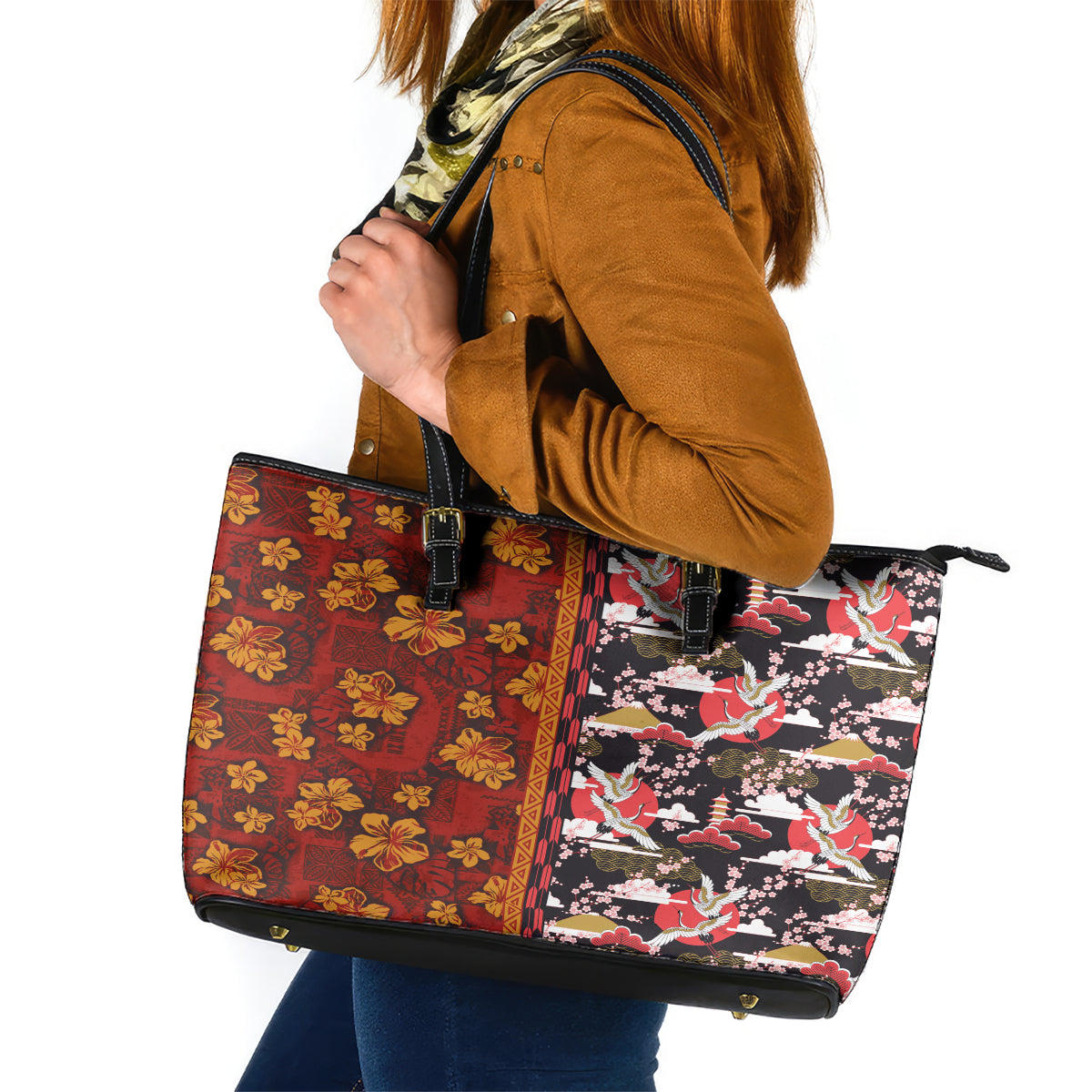 Japanese Culture Hawaii Style Leather Tote Bag Hawaiian Tribal and Japanese Pattern Together Culture LT03 Red - Polynesian Pride