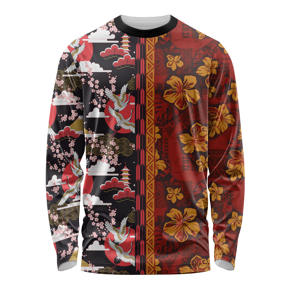 Pan-Pacific Festival Long Sleeve Shirt Hawaiian Tribal and Japanese Pattern Together Culture