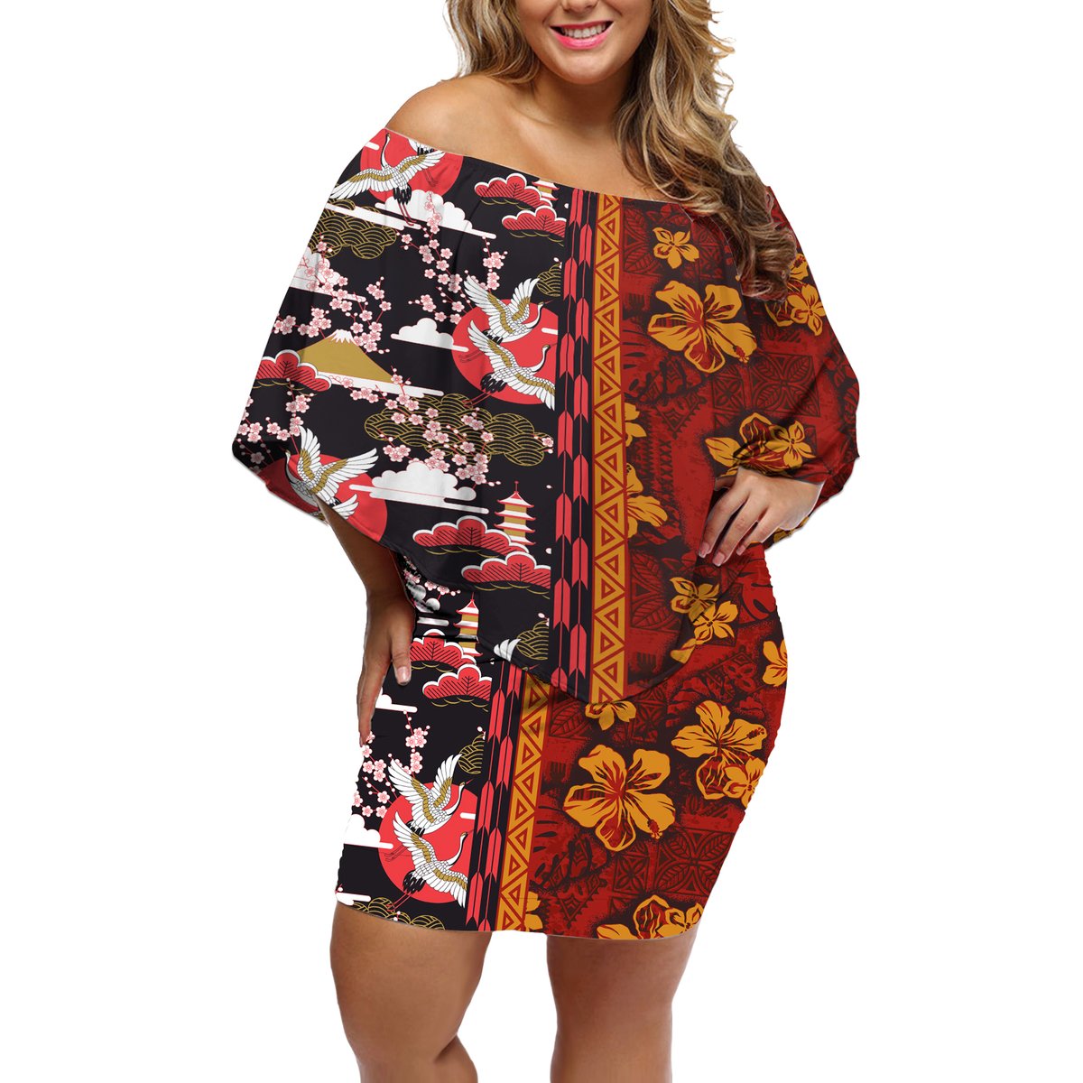 Japanese Culture Hawaii Style Off Shoulder Short Dress Hawaiian Tribal and Japanese Pattern Together Culture LT03 Women Red - Polynesian Pride