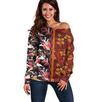 Pan-Pacific Festival Off Shoulder Sweater Hawaiian Tribal and Japanese Pattern Together Culture
