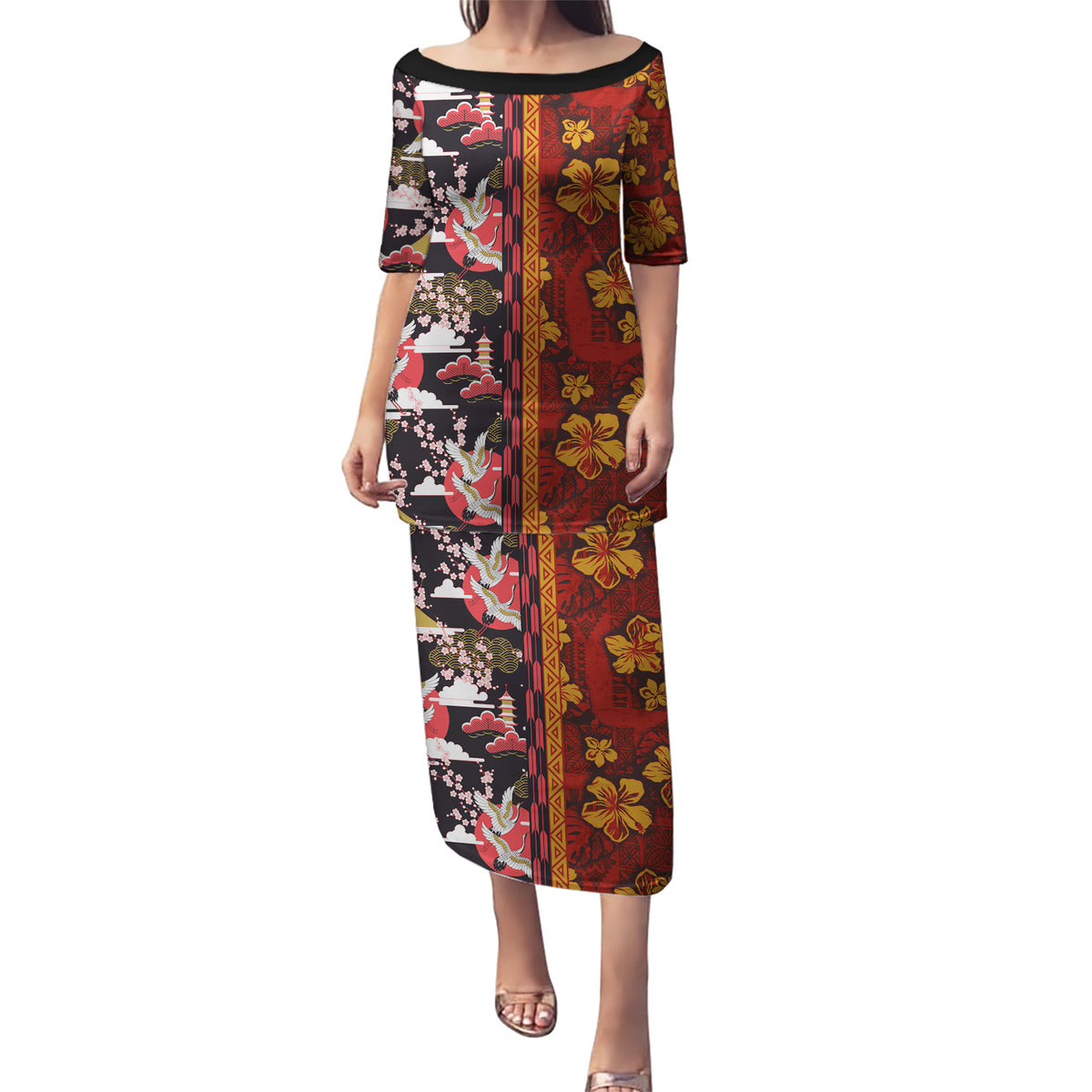 Japanese Culture Hawaii Style Puletasi Hawaiian Tribal and Japanese Pattern Together Culture LT03 Long Dress Red - Polynesian Pride