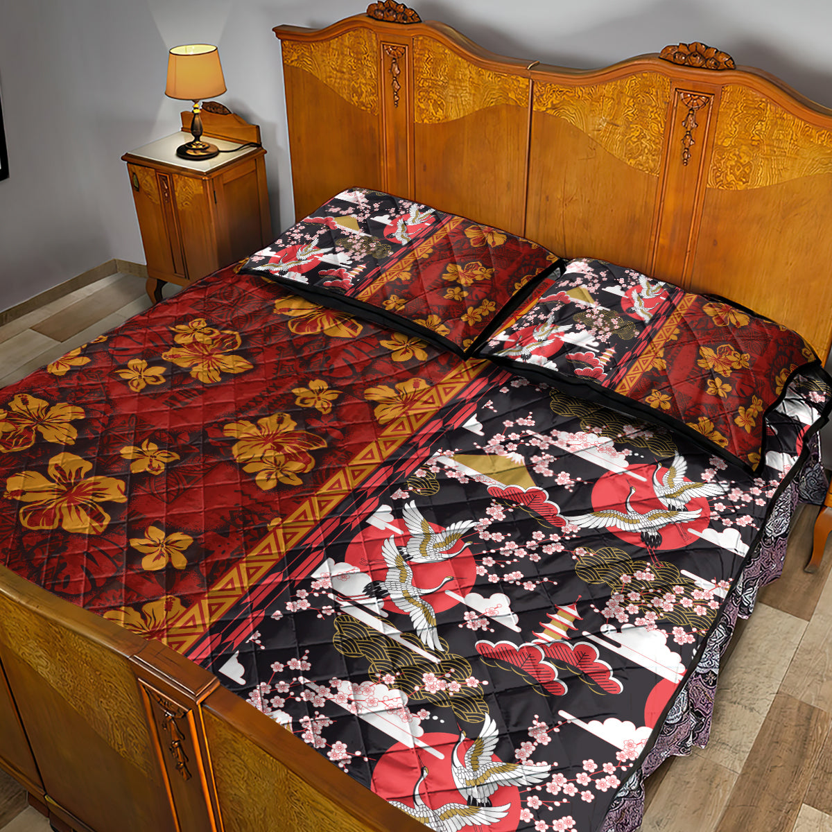 Japanese Culture Hawaii Style Quilt Bed Set Hawaiian Tribal and Japanese Pattern Together Culture LT03 - Polynesian Pride