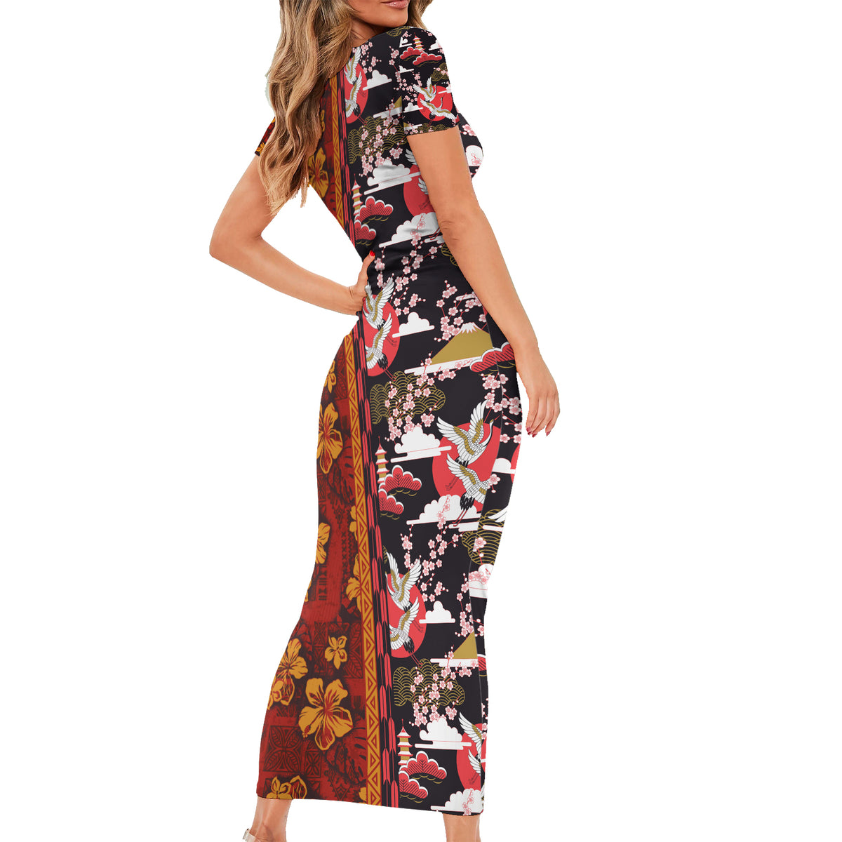 Pan-Pacific Festival Short Sleeve Bodycon Dress Hawaiian Tribal and Japanese Pattern Together Culture