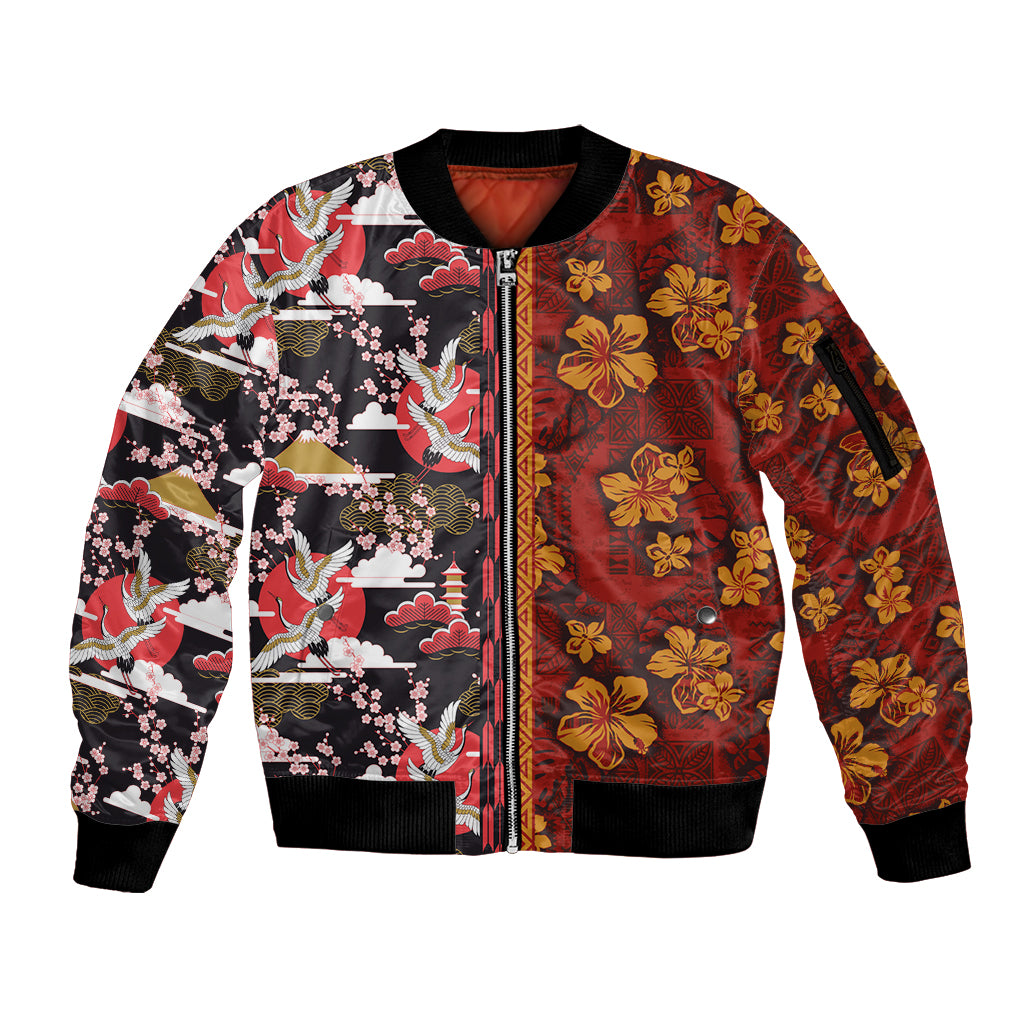 Japanese Culture Hawaii Style Sleeve Zip Bomber Jacket Hawaiian Tribal and Japanese Pattern Together Culture LT03 Unisex Red - Polynesian Pride
