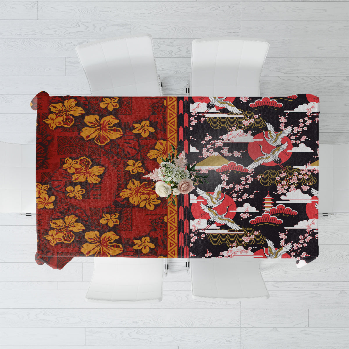 Japanese Culture Hawaii Style Tablecloth Hawaiian Tribal and Japanese Pattern Together Culture LT03 Red - Polynesian Pride