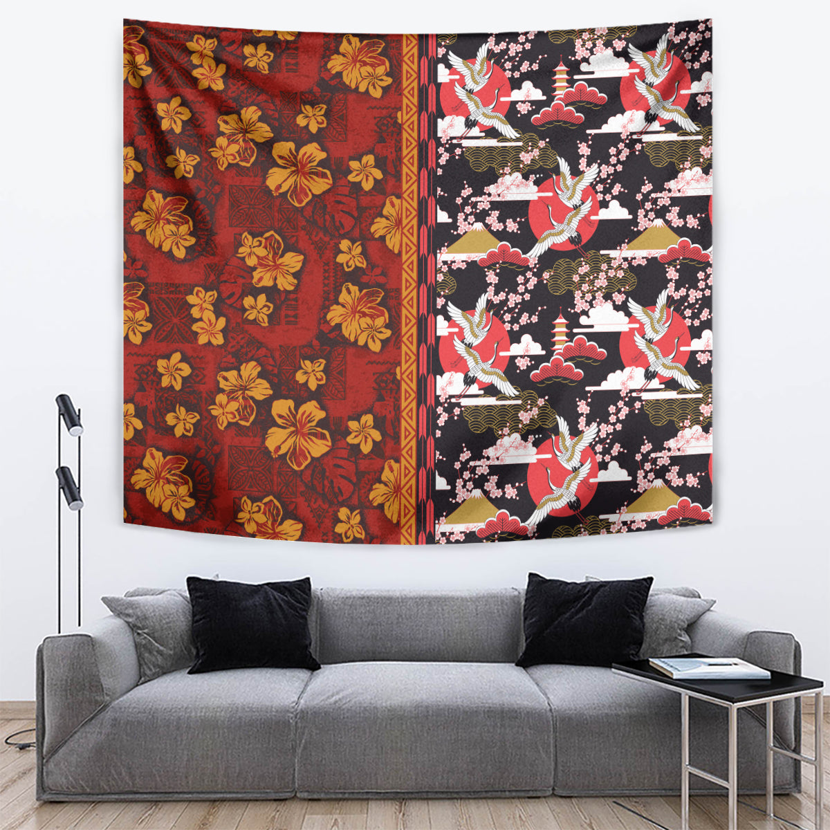 Japanese Culture Hawaii Style Tapestry Hawaiian Tribal and Japanese Pattern Together Culture LT03 Red - Polynesian Pride