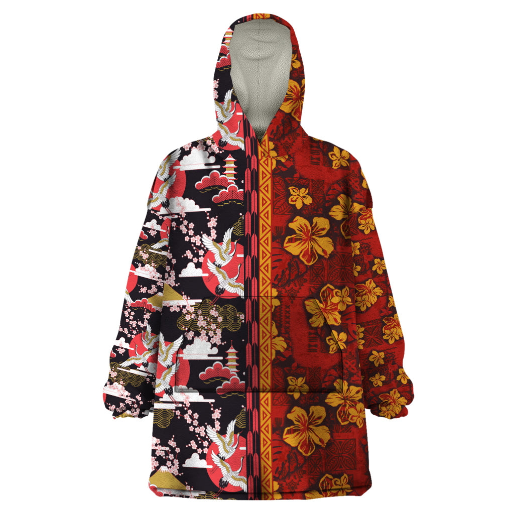 Japanese Culture Hawaii Style Wearable Blanket Hoodie Hawaiian Tribal and Japanese Pattern Together Culture LT03 One Size Red - Polynesian Pride
