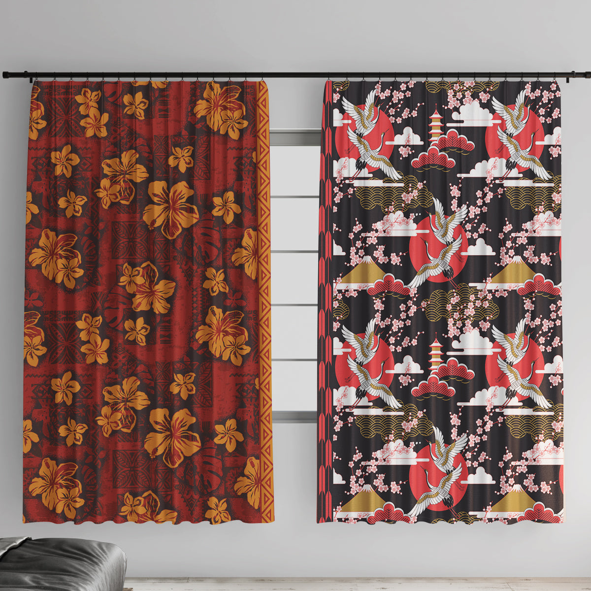 Pan-Pacific Festival Window Curtain Hawaiian Tribal and Japanese Pattern Together Culture