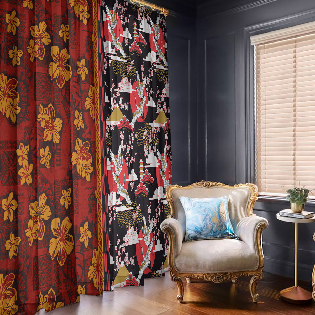 Japanese Culture Hawaii Style Window Curtain Hawaiian Tribal and Japanese Pattern Together Culture LT03 - Polynesian Pride