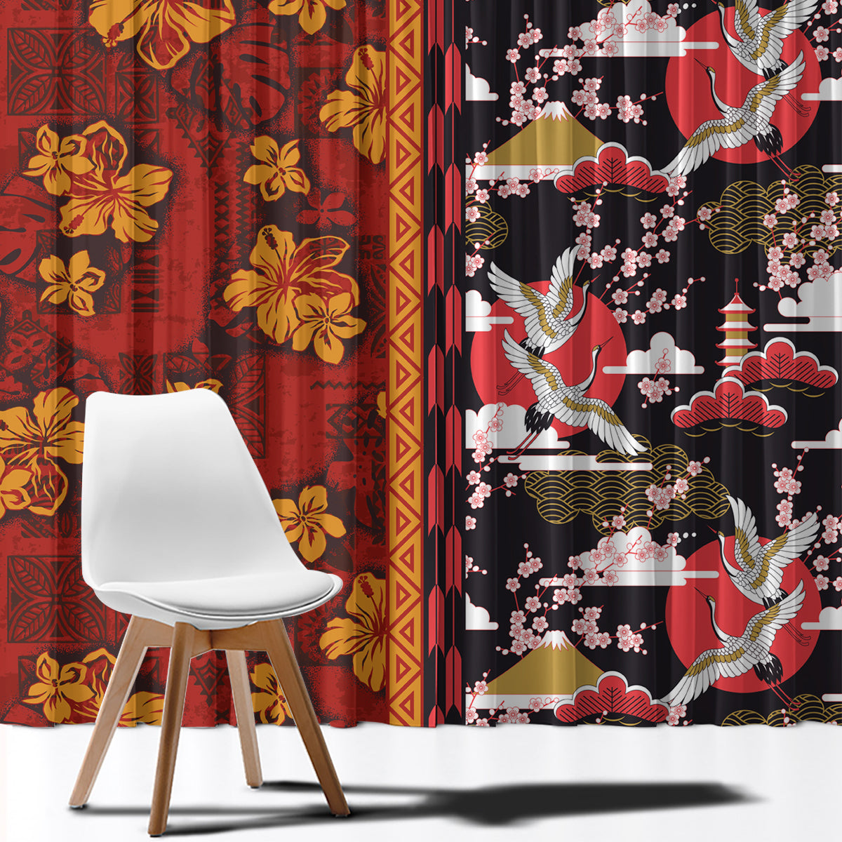 Japanese Culture Hawaii Style Window Curtain Hawaiian Tribal and Japanese Pattern Together Culture LT03 - Polynesian Pride