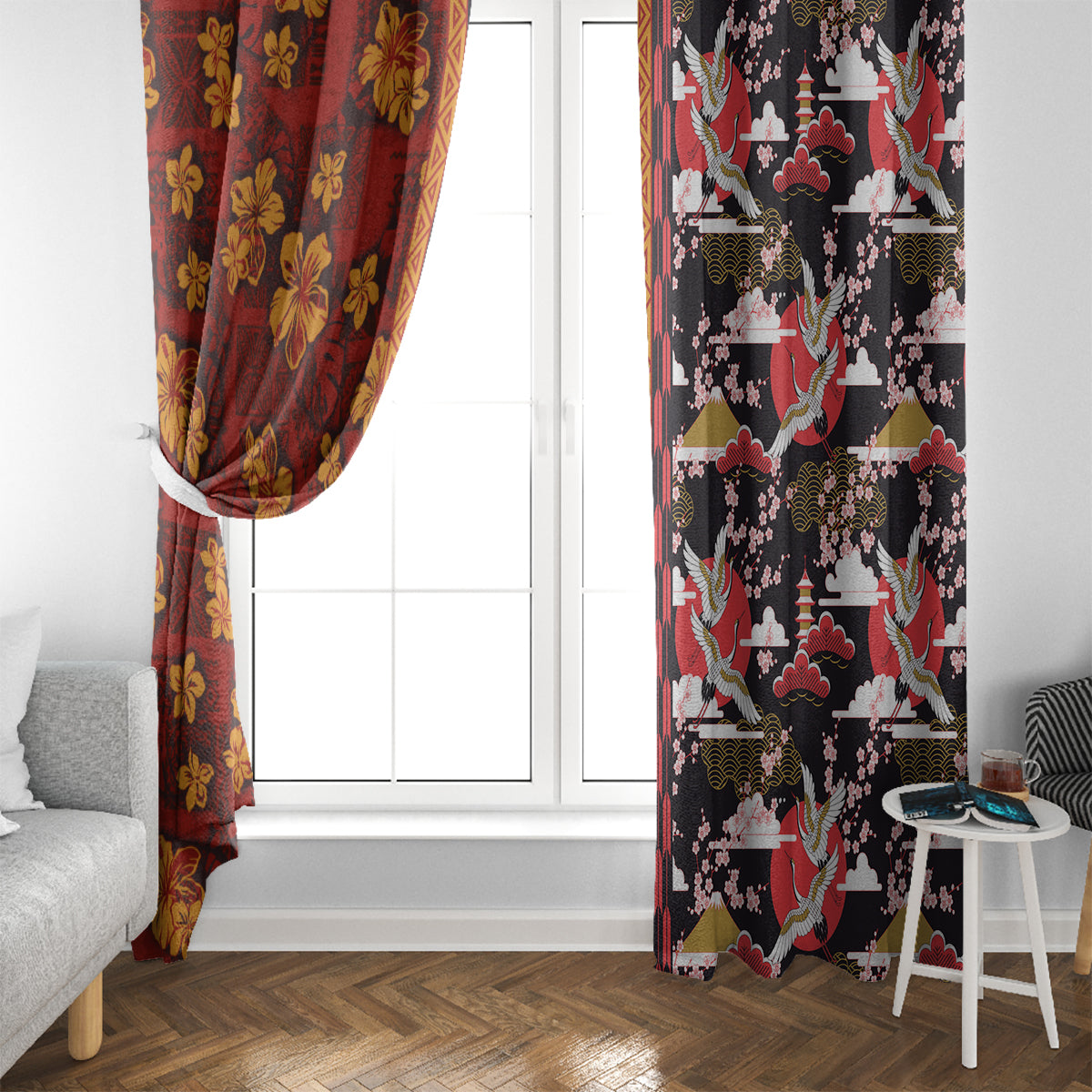 Japanese Culture Hawaii Style Window Curtain Hawaiian Tribal and Japanese Pattern Together Culture LT03 - Polynesian Pride