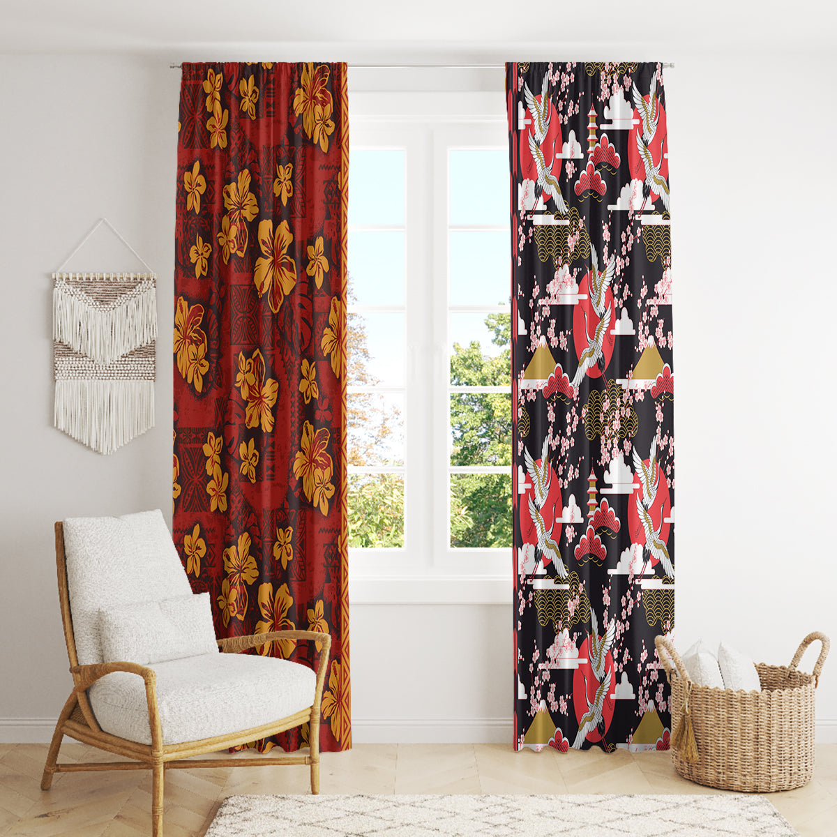 Japanese Culture Hawaii Style Window Curtain Hawaiian Tribal and Japanese Pattern Together Culture LT03 - Polynesian Pride