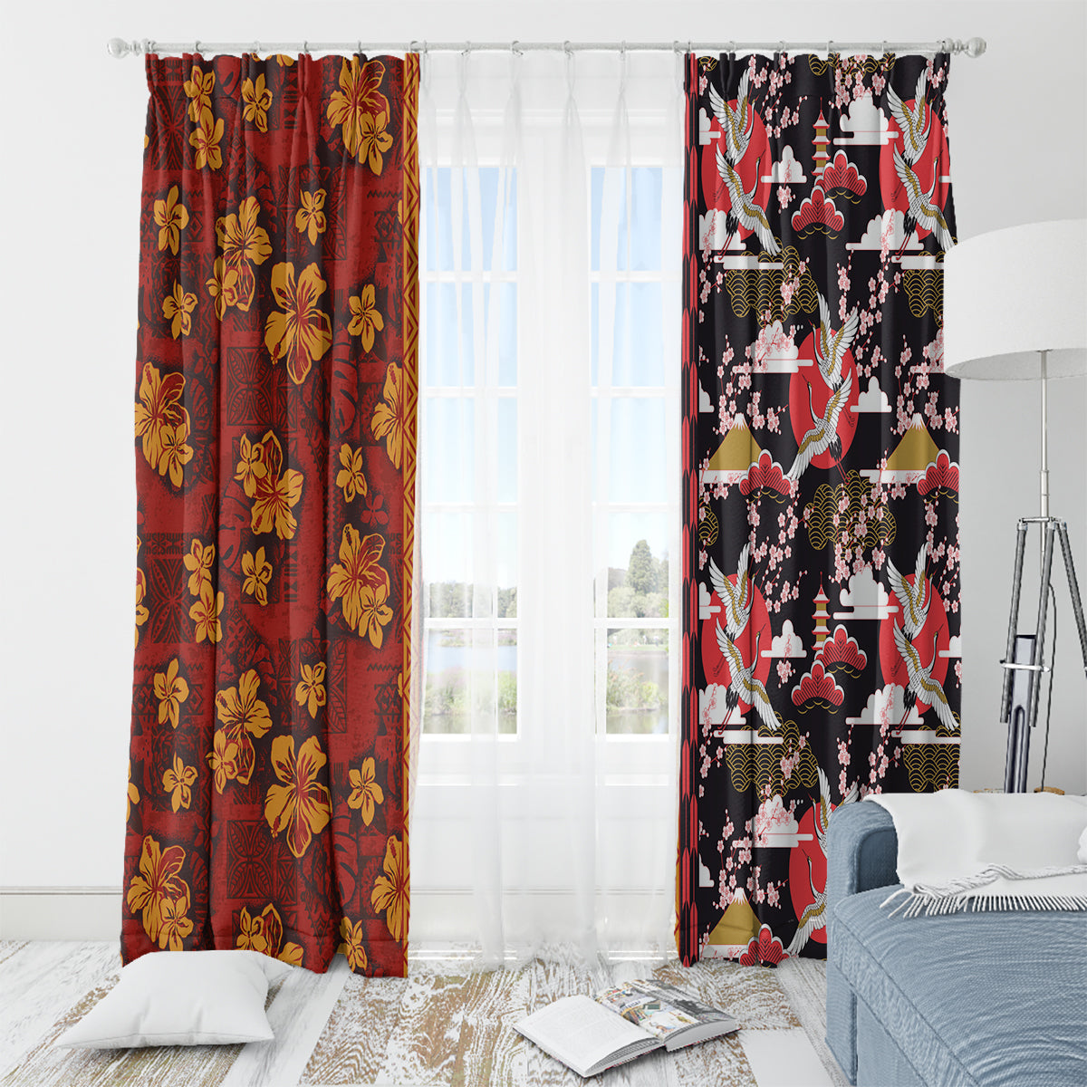 Japanese Culture Hawaii Style Window Curtain Hawaiian Tribal and Japanese Pattern Together Culture LT03 - Polynesian Pride