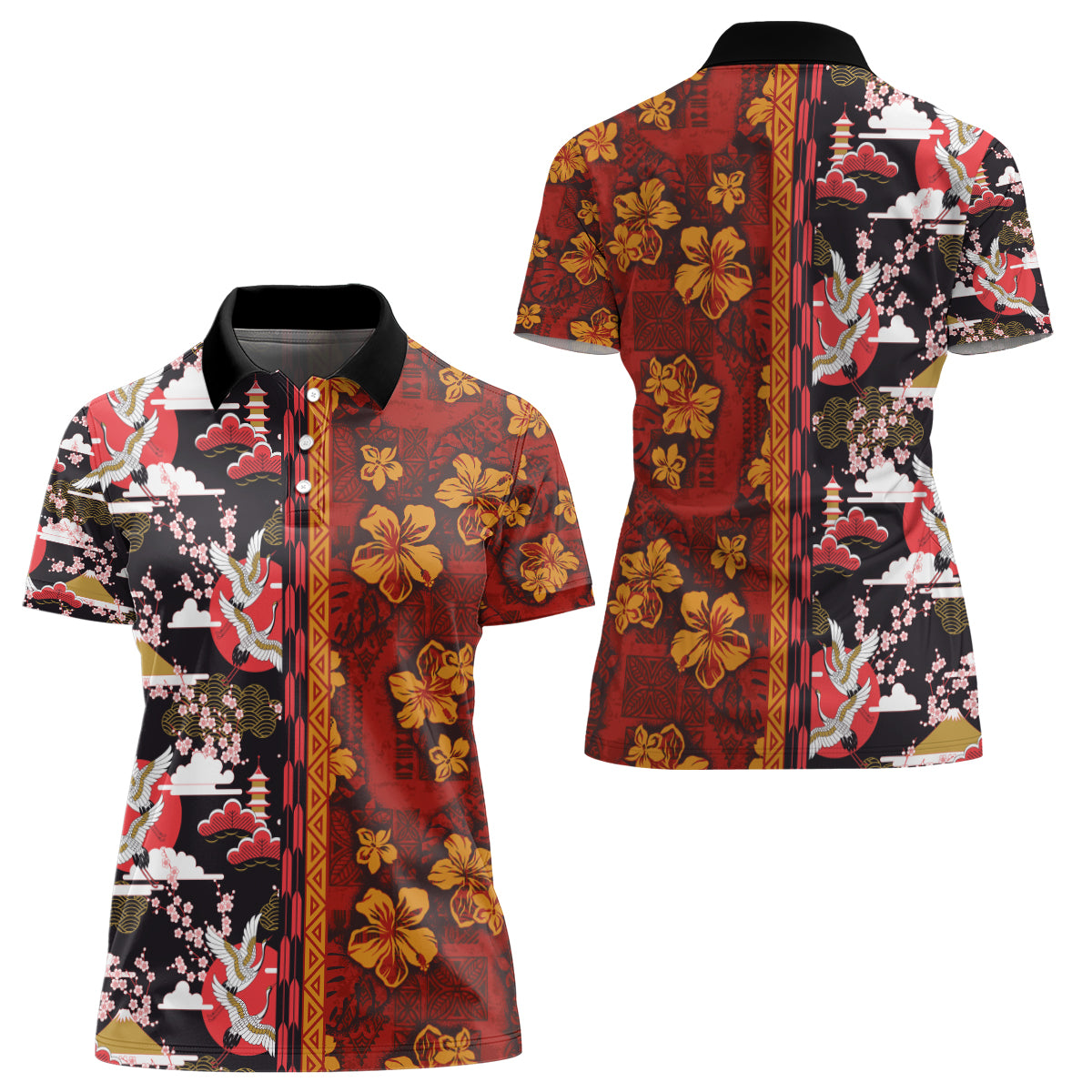 Pan-Pacific Festival Women Polo Shirt Hawaiian Tribal and Japanese Pattern Together Culture