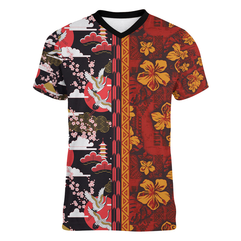 Pan-Pacific Festival Women V-Neck T-Shirt Hawaiian Tribal and Japanese Pattern Together Culture
