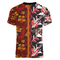 Pan-Pacific Festival Women V-Neck T-Shirt Hawaiian Tribal and Japanese Pattern Together Culture