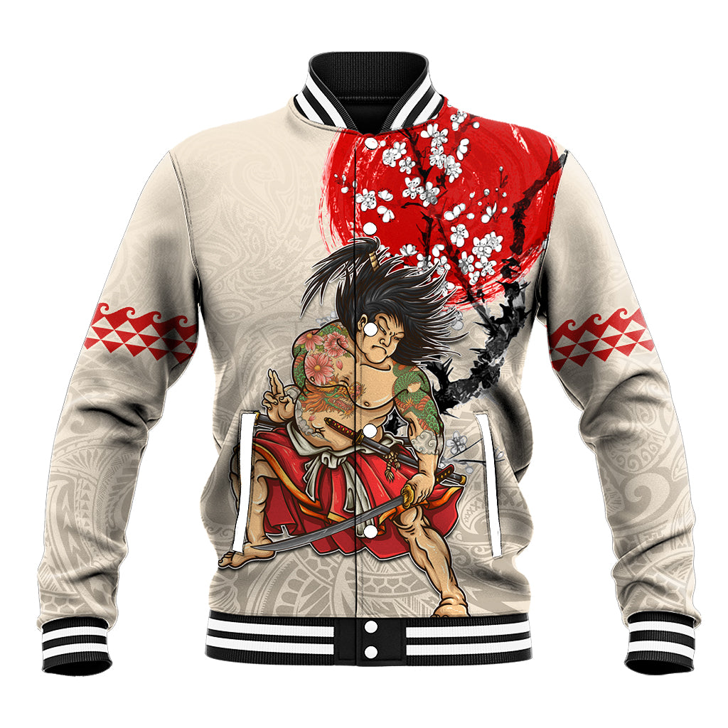 Personalised Japanese Culture Hawaii Style Baseball Jacket Japanese Samurai with Hawaiian Pattern LT03 Unisex Beige - Polynesian Pride