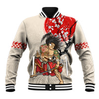 Personalised Japanese Culture Hawaii Style Baseball Jacket Japanese Samurai with Hawaiian Pattern LT03 Unisex Beige - Polynesian Pride