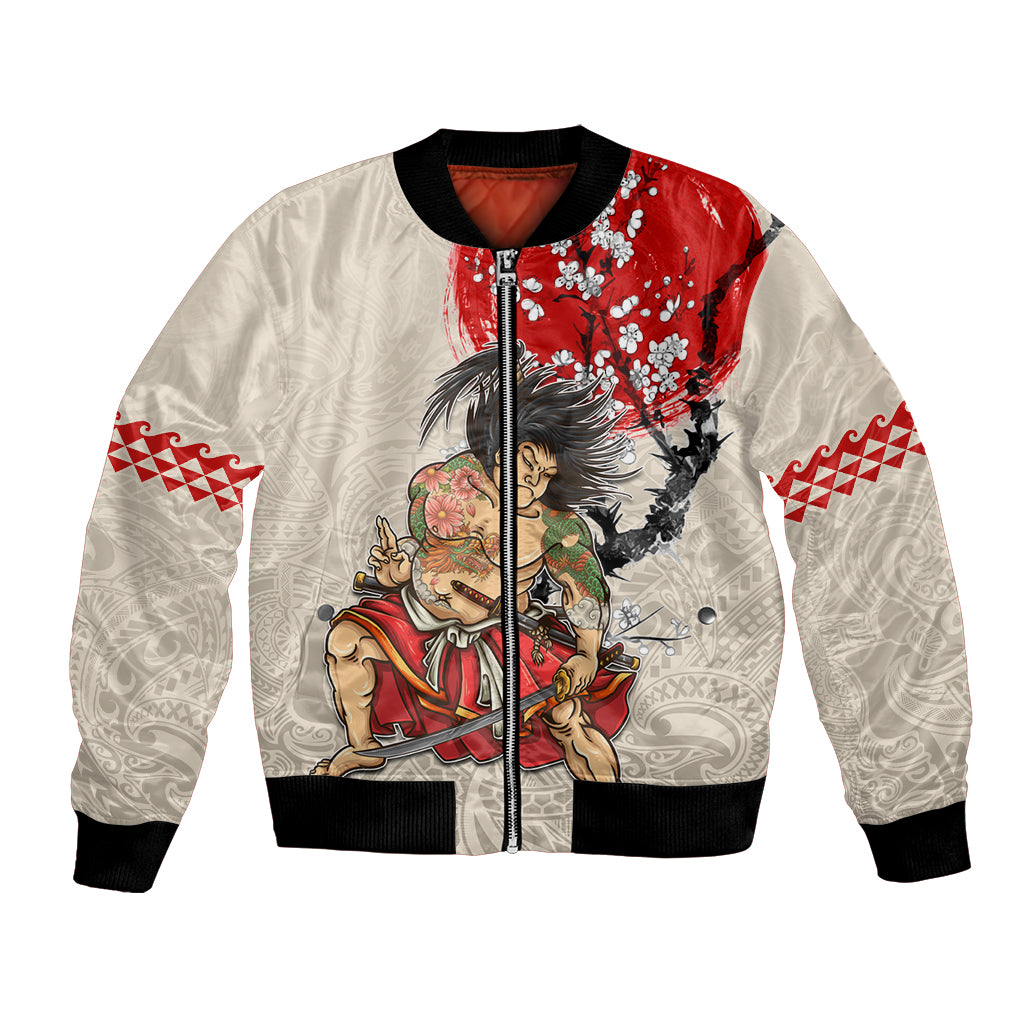 Personalised Japanese Culture Hawaii Style Bomber Jacket Japanese Samurai with Hawaiian Pattern LT03 Unisex Beige - Polynesian Pride