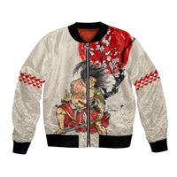 Personalised Japanese Culture Hawaii Style Bomber Jacket Japanese Samurai with Hawaiian Pattern LT03 Unisex Beige - Polynesian Pride