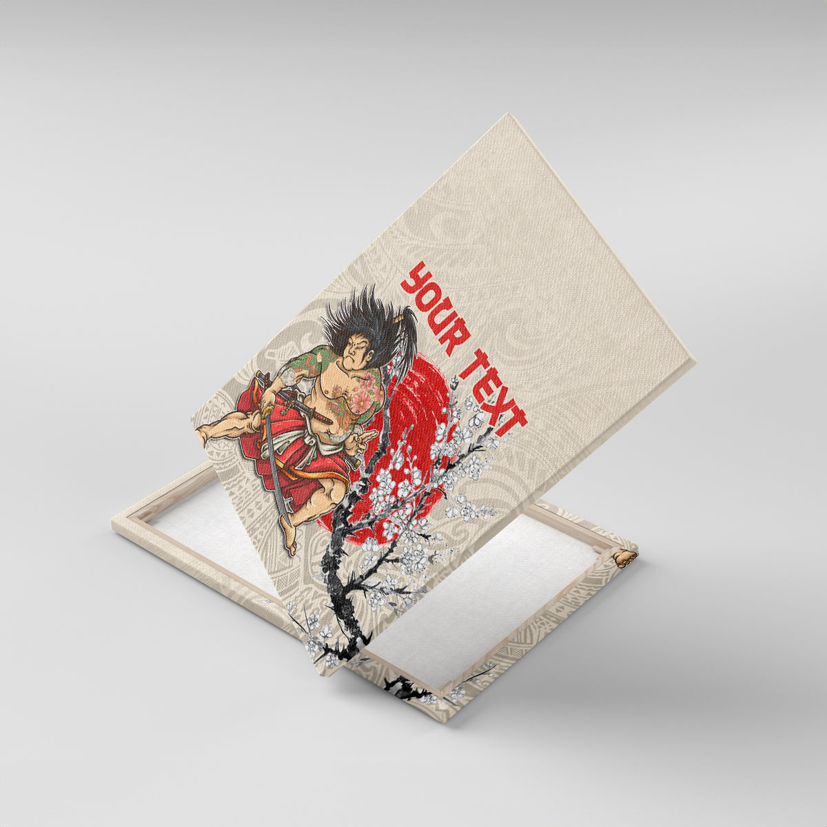 Personalised Japanese Culture Hawaii Style Canvas Wall Art Japanese Samurai with Hawaiian Pattern LT03 With Frame Beige - Polynesian Pride