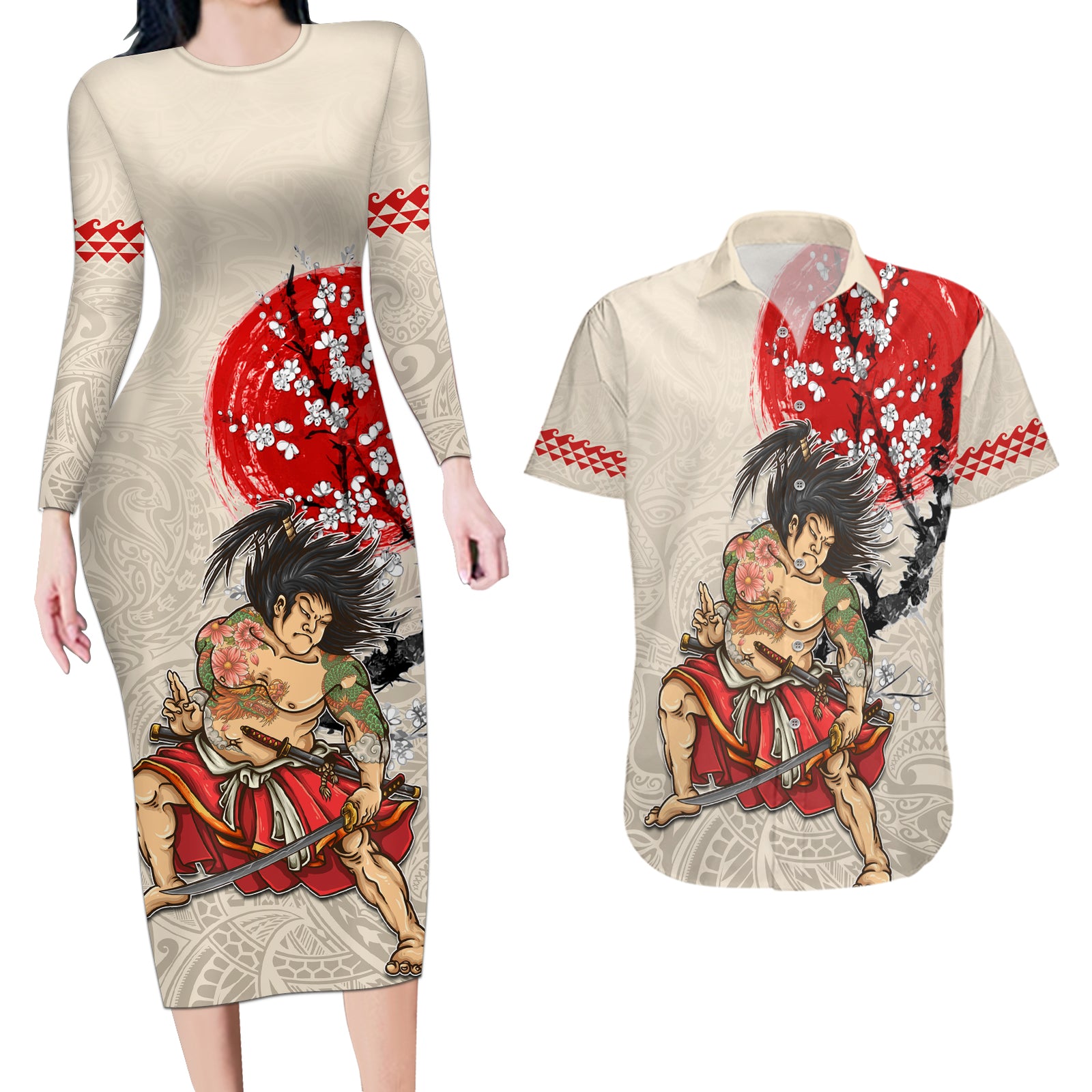 Personalised Japanese Culture Hawaii Style Couples Matching Long Sleeve Bodycon Dress and Hawaiian Shirt Japanese Samurai with Hawaiian Pattern LT03 Beige - Polynesian Pride